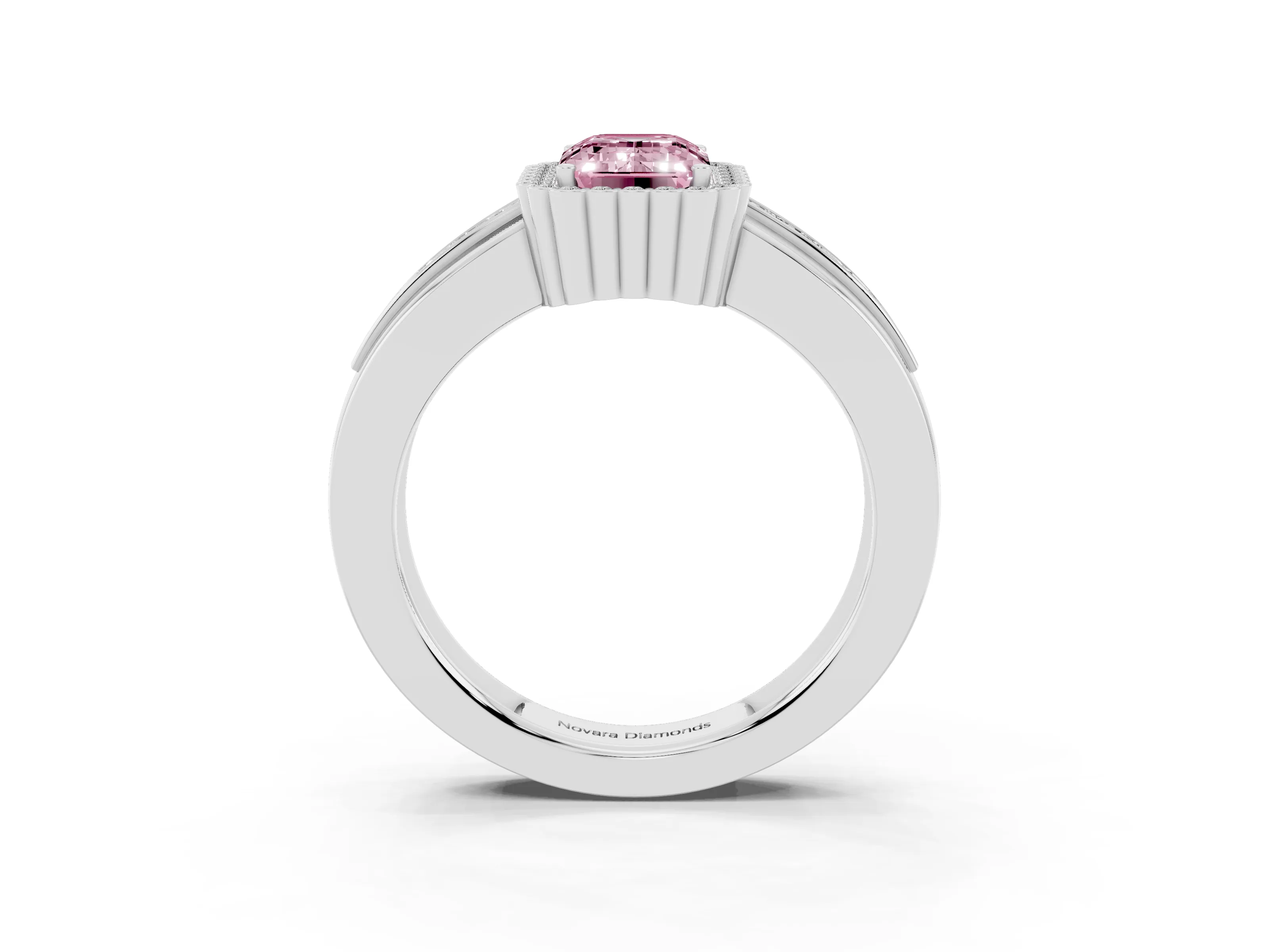 Fancy Pink Emerald Cut Diamond Halo Prong Ring Set in Silver with Pavé Band