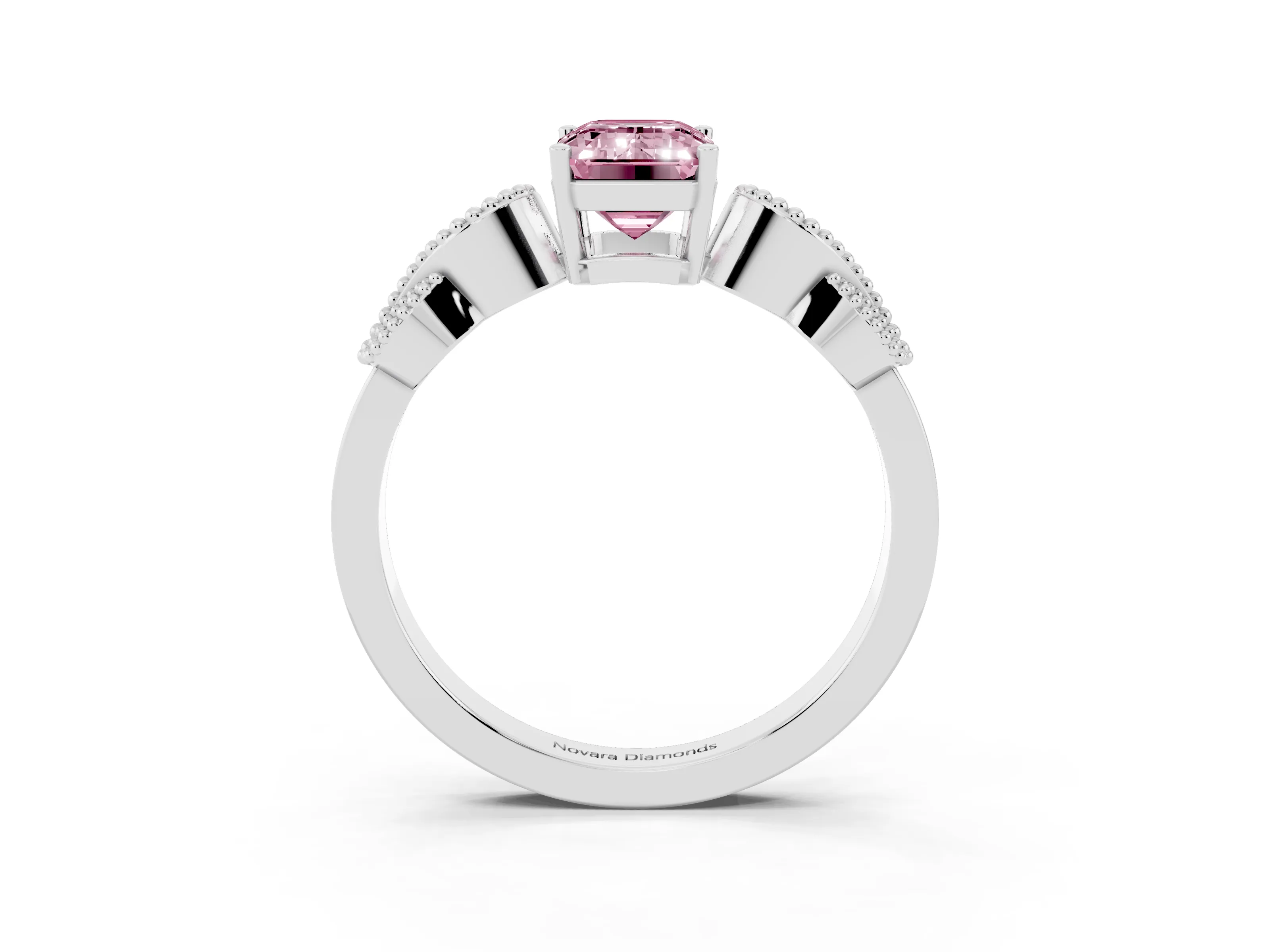 Fancy Pink Emerald Cut Diamond Milgrain Leaf Band Solitaire Ring Set in White gold with Accent Stones and Prong Setting