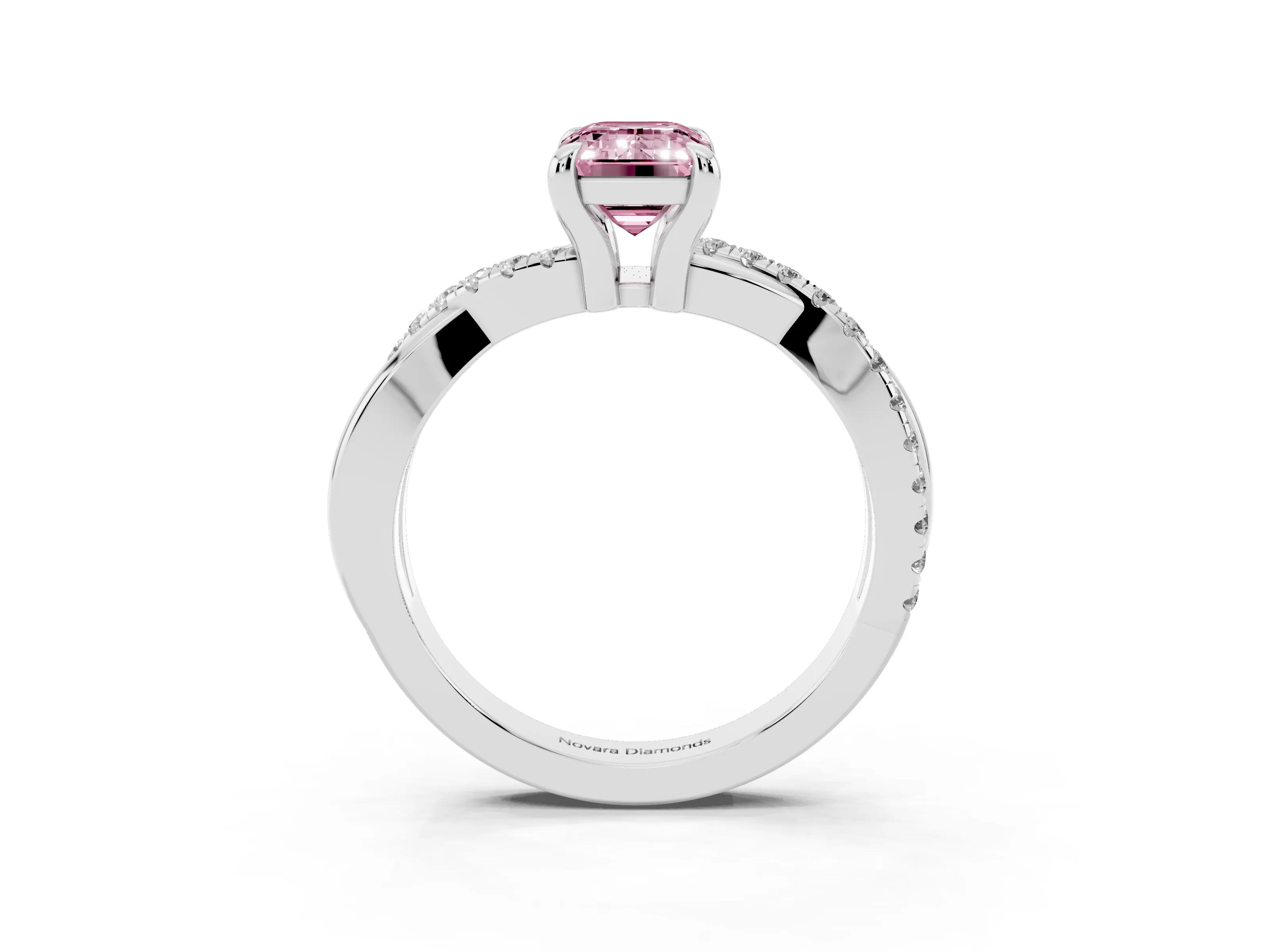 Fancy Pink Emerald Cut Diamond Twist Band Pavé Solitaire Ring Set in Platinum with Prong Setting