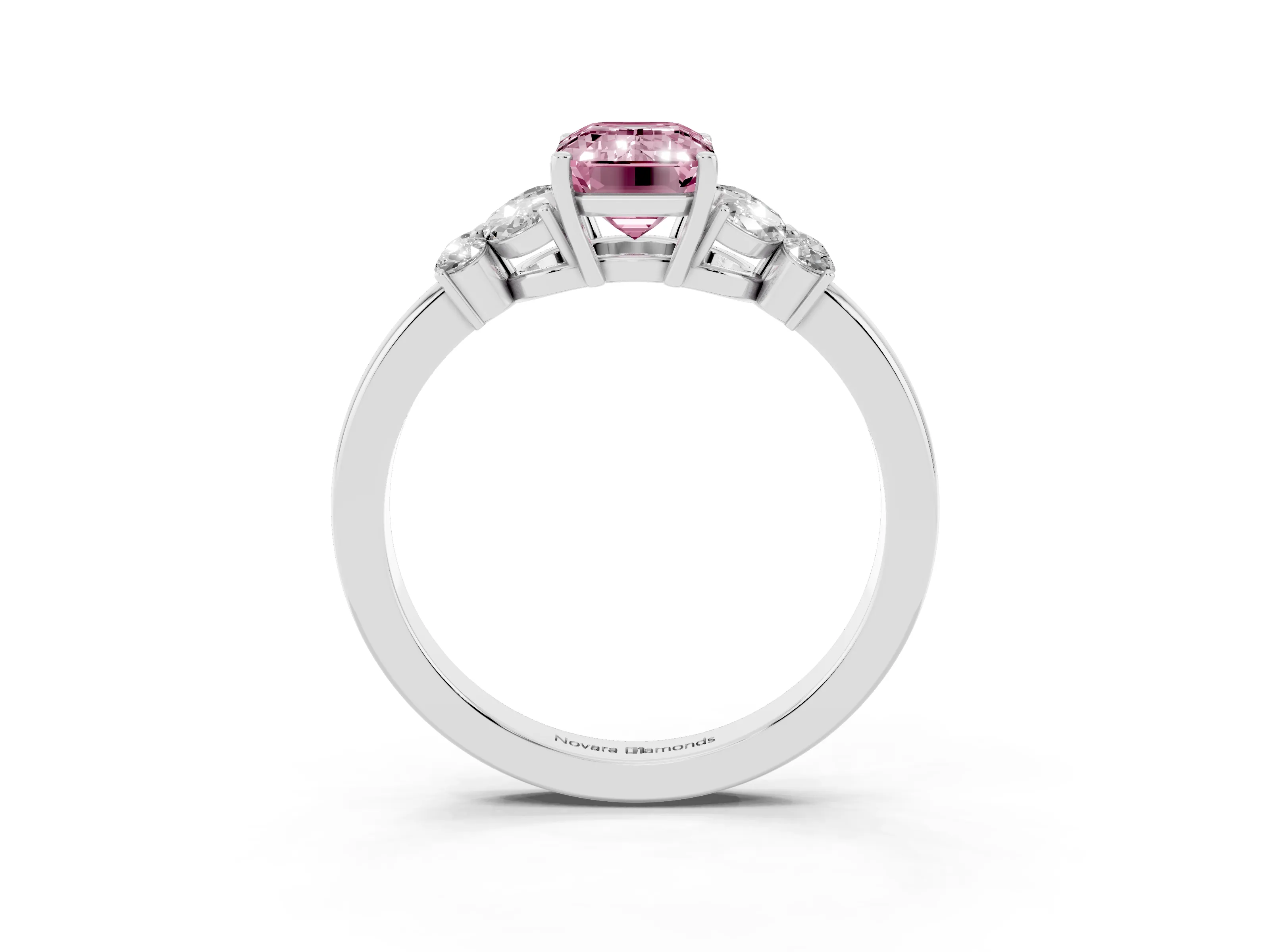 Fancy Pink Emerald Cut Diamond Solitaire Floral Ring Set in Silver with Marquise Petals and Prong Setting