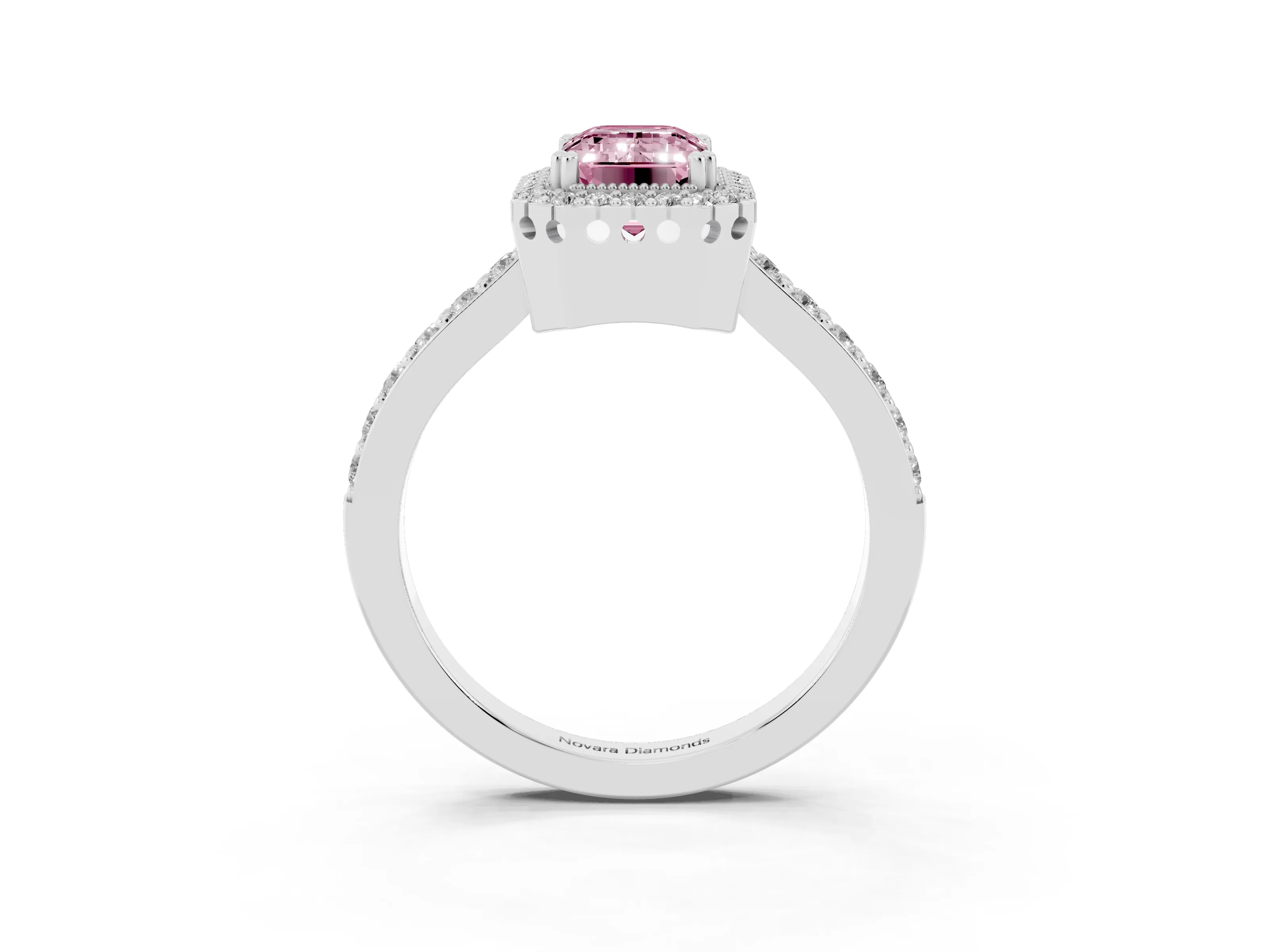 Fancy Pink Emerald Cut Diamond Halo Engagement Ring Set in White gold with Milgrain Detail and Pavé Band