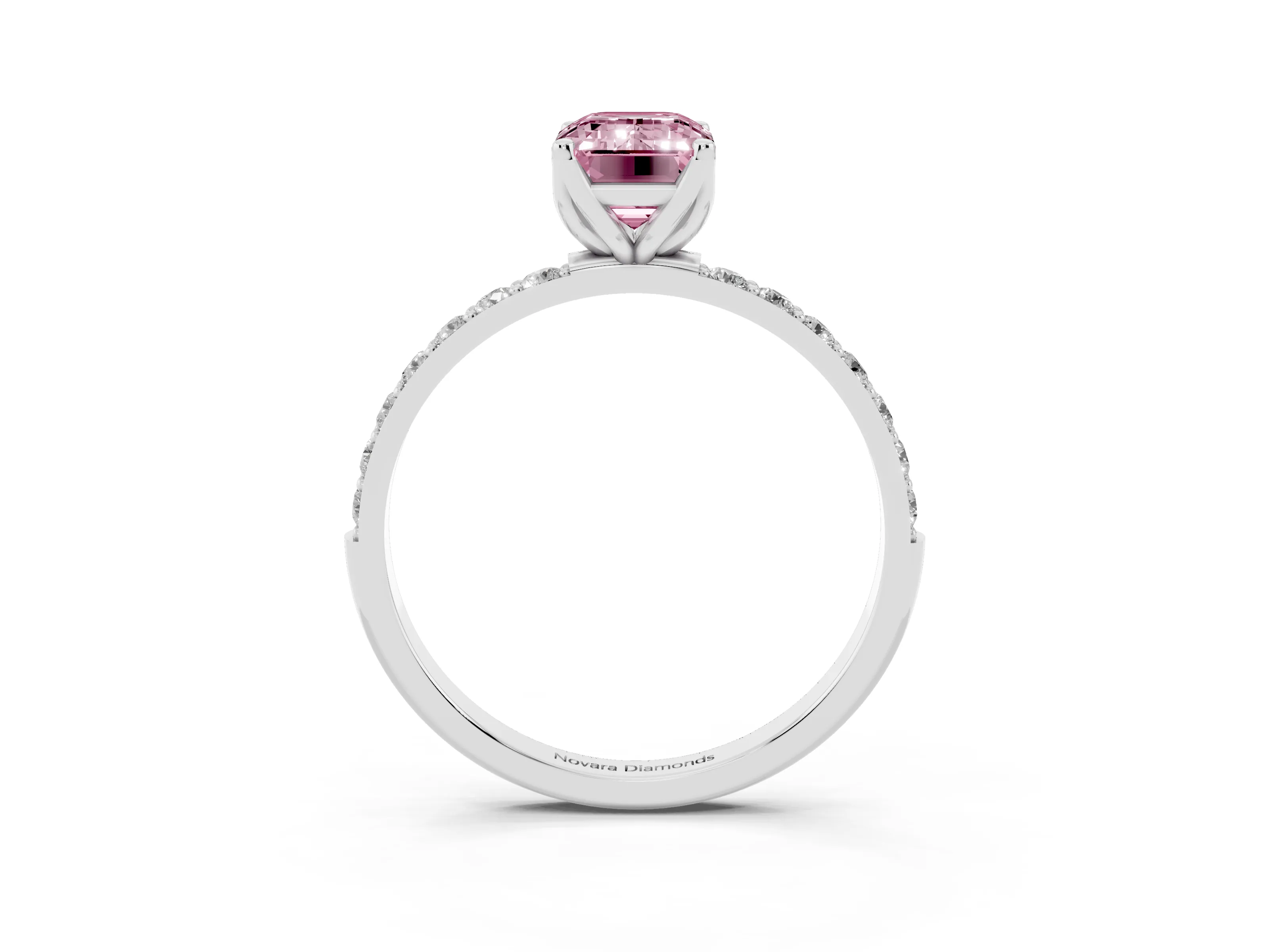 Fancy Pink Emerald Cut Diamond Solitaire Engagement Ring Set in Platinum with Round Pavé Band and Prong Setting