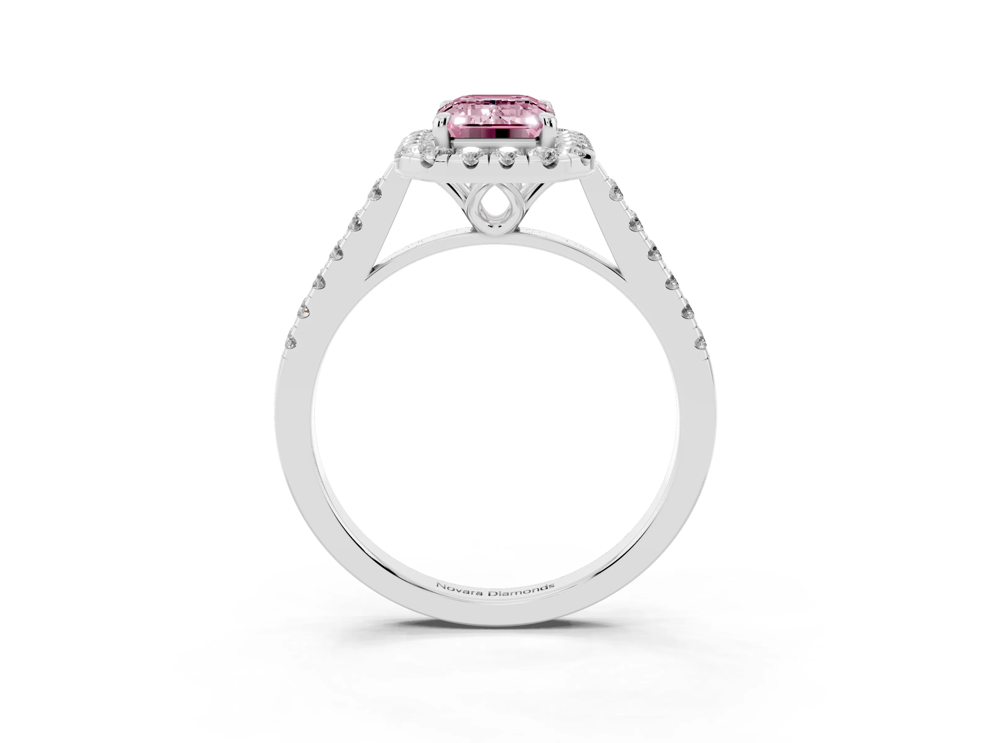 Fancy Pink Emerald Cut Diamond Pavé Halo Engagement Ring Set in White gold with Pavé Band and Prong Setting