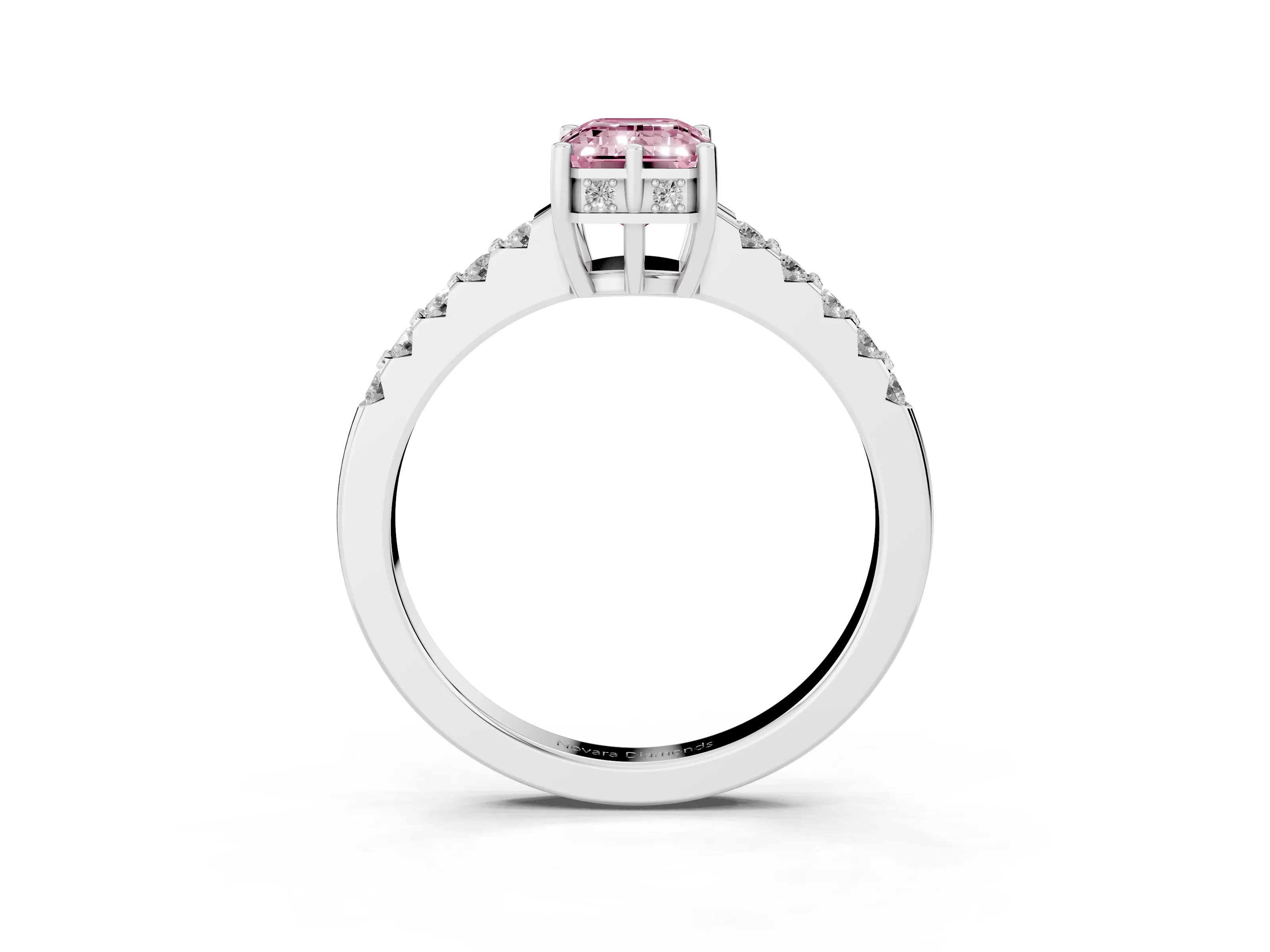 Fancy Pink Emerald Cut Diamond Solitaire Engagement Ring Set in Silver with Pavé Band and Prong Setting