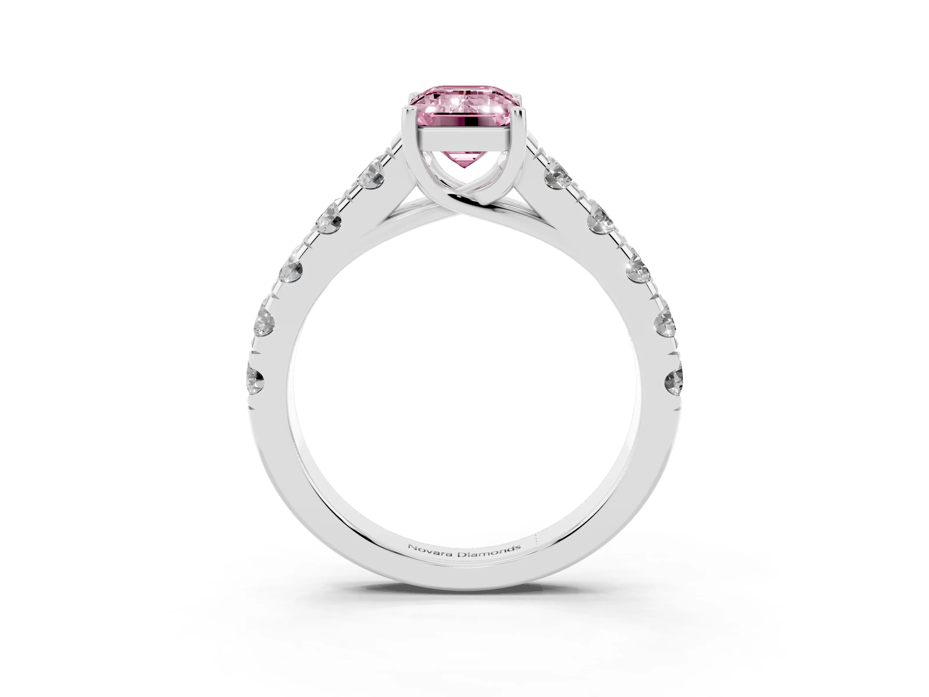 Fancy Pink Emerald Cut Diamond Solitaire Ring Set in Platinum with Cut-Down Micro Pavé Band and Prong Setting