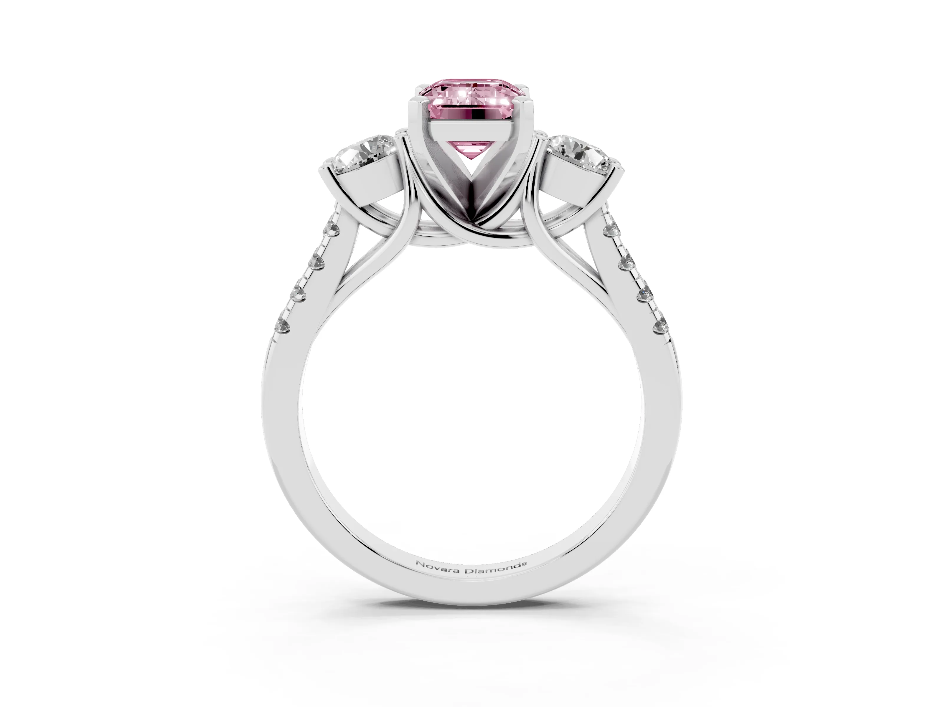 Fancy Pink Three-Stone Emerald Cut Diamond Pavé Band Ring Set in Silver with Prong-Set Trio