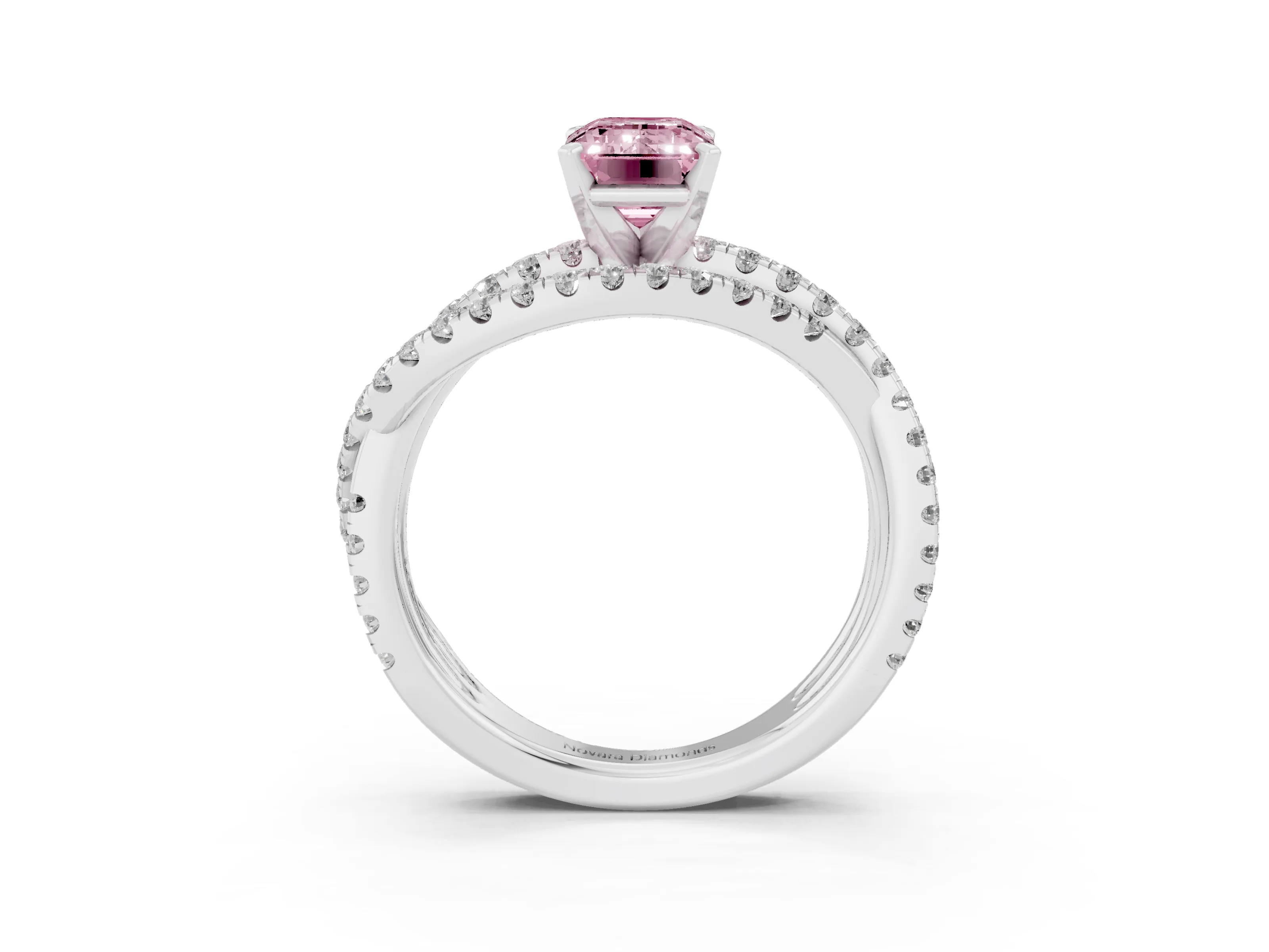 Fancy Pink Emerald Cut Diamond Solitaire Twist Band Ring Set in Silver with Pavé Setting and Prong Head