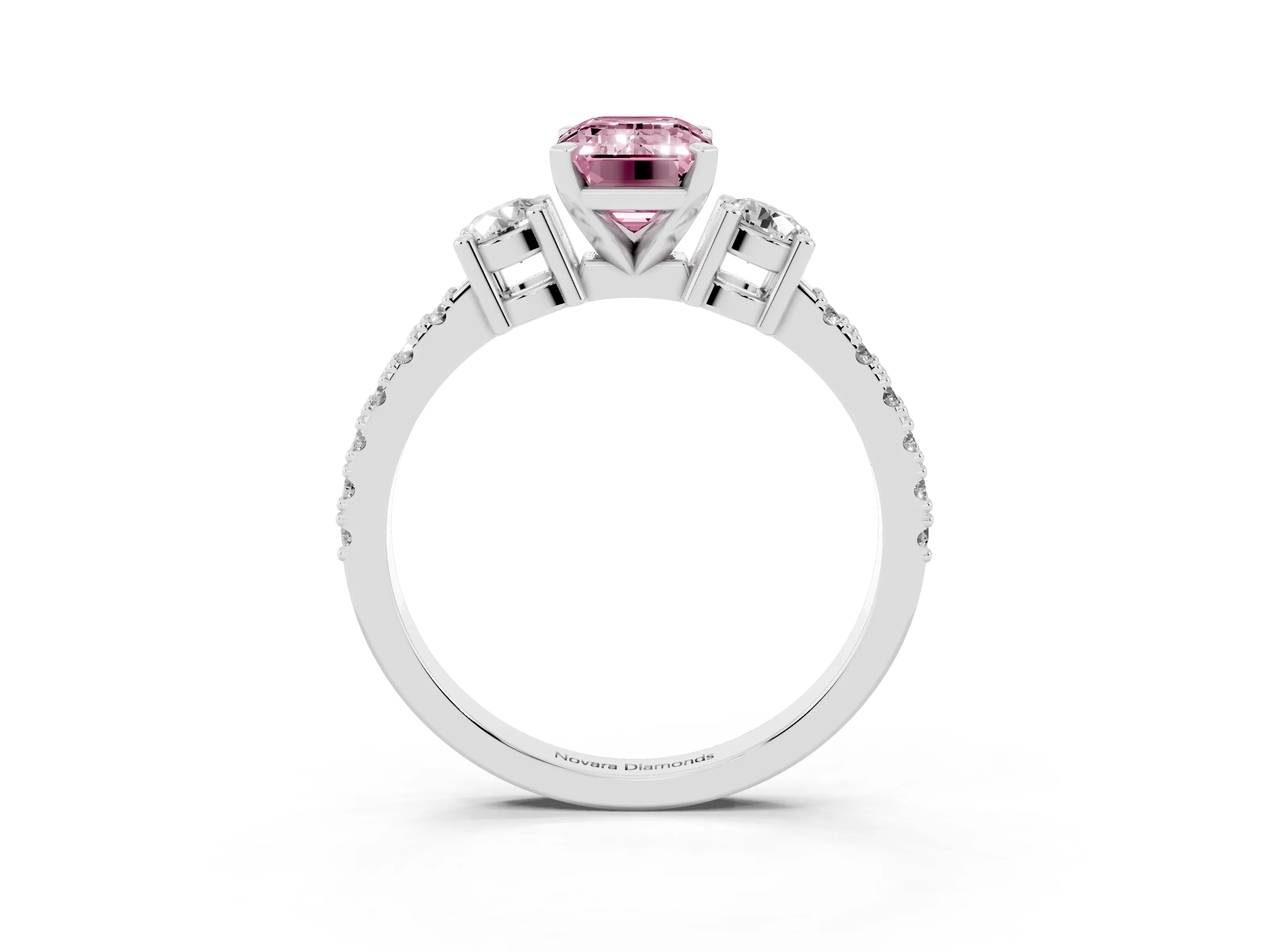 Fancy Pink Three-Stone Emerald Cut Diamond Pavé Band Ring Set in Platinum with Prong Setting