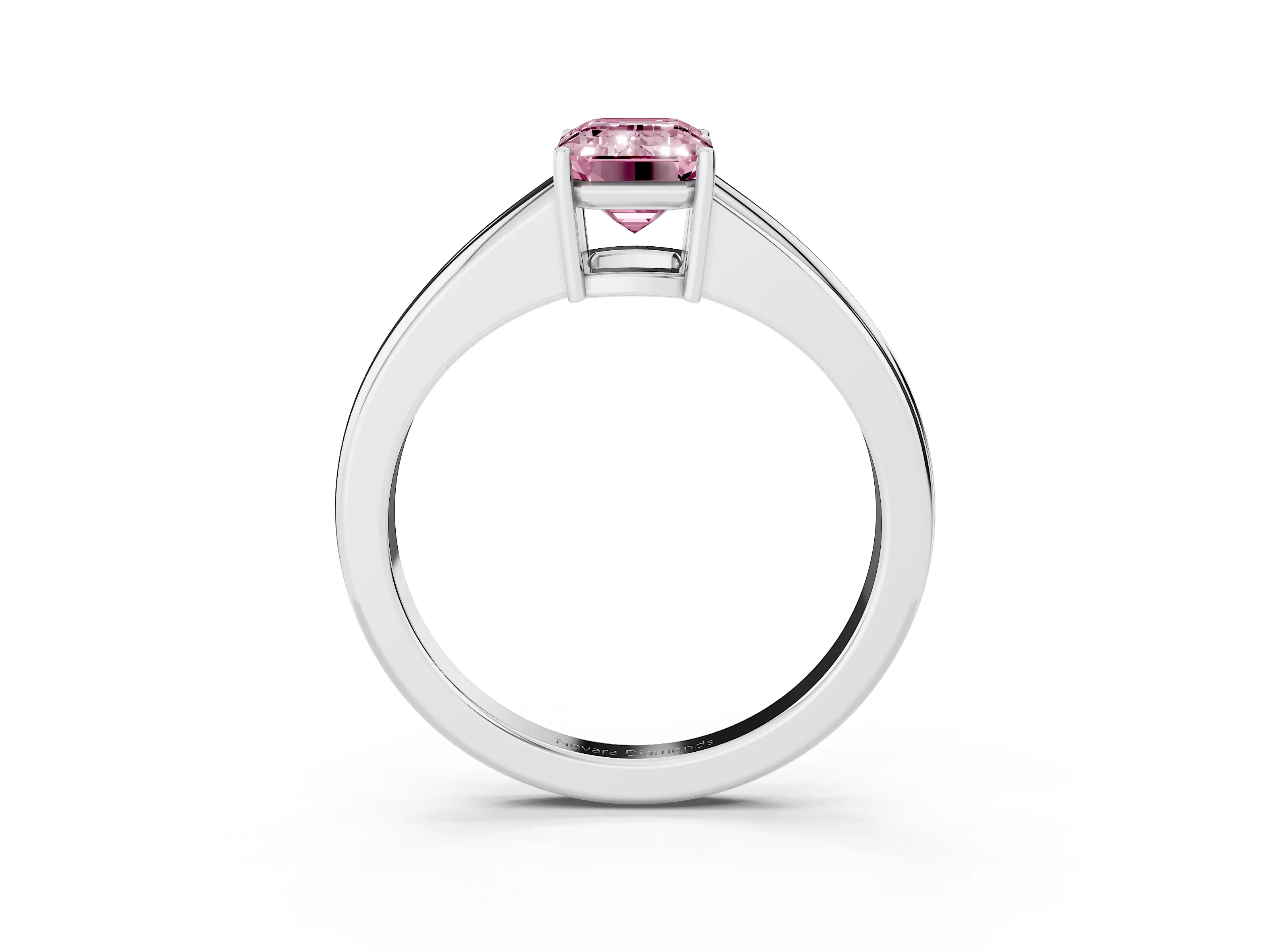 Fancy Pink Emerald Cut Diamond Solitaire Ring Set in White gold with Tapered Band and Prong Setting