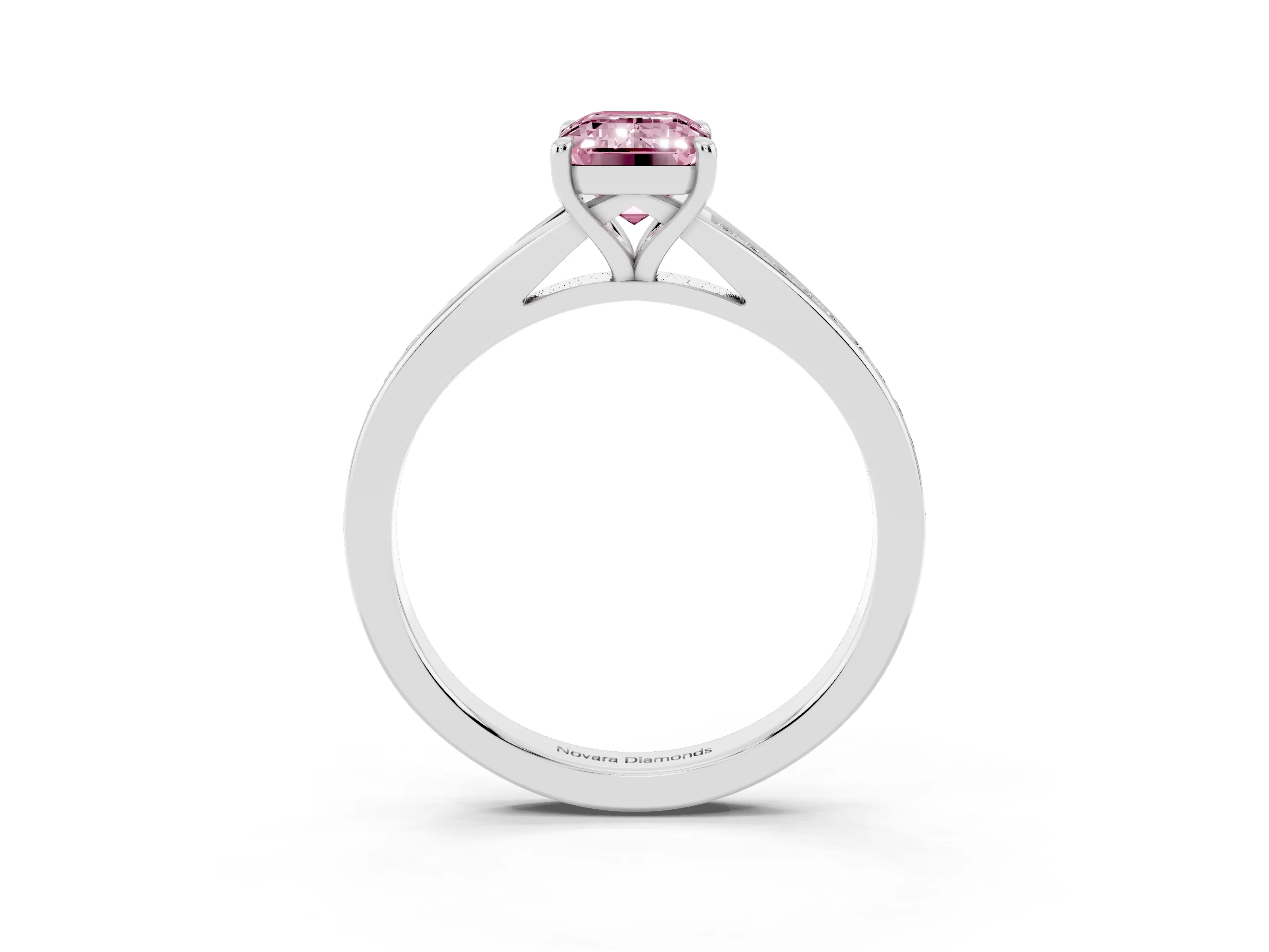 Fancy Pink Emerald Cut Diamond Solitaire Ring Set in Platinum with Pavé Accent Band and Classic Prong Setting