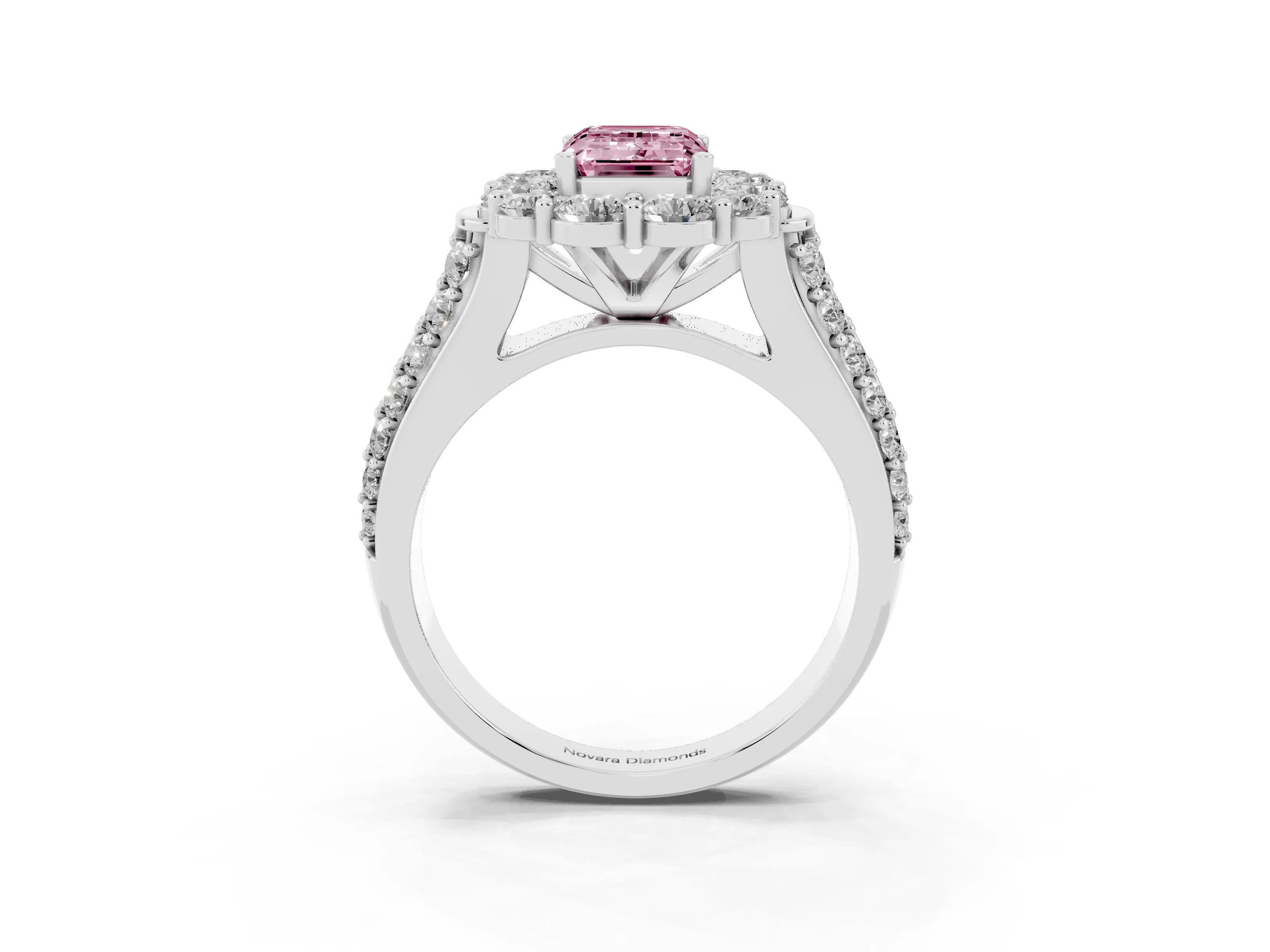 Fancy Pink Emerald Cut Diamond Halo Engagement Ring Set in Platinum with Split Shank and Prong Setting