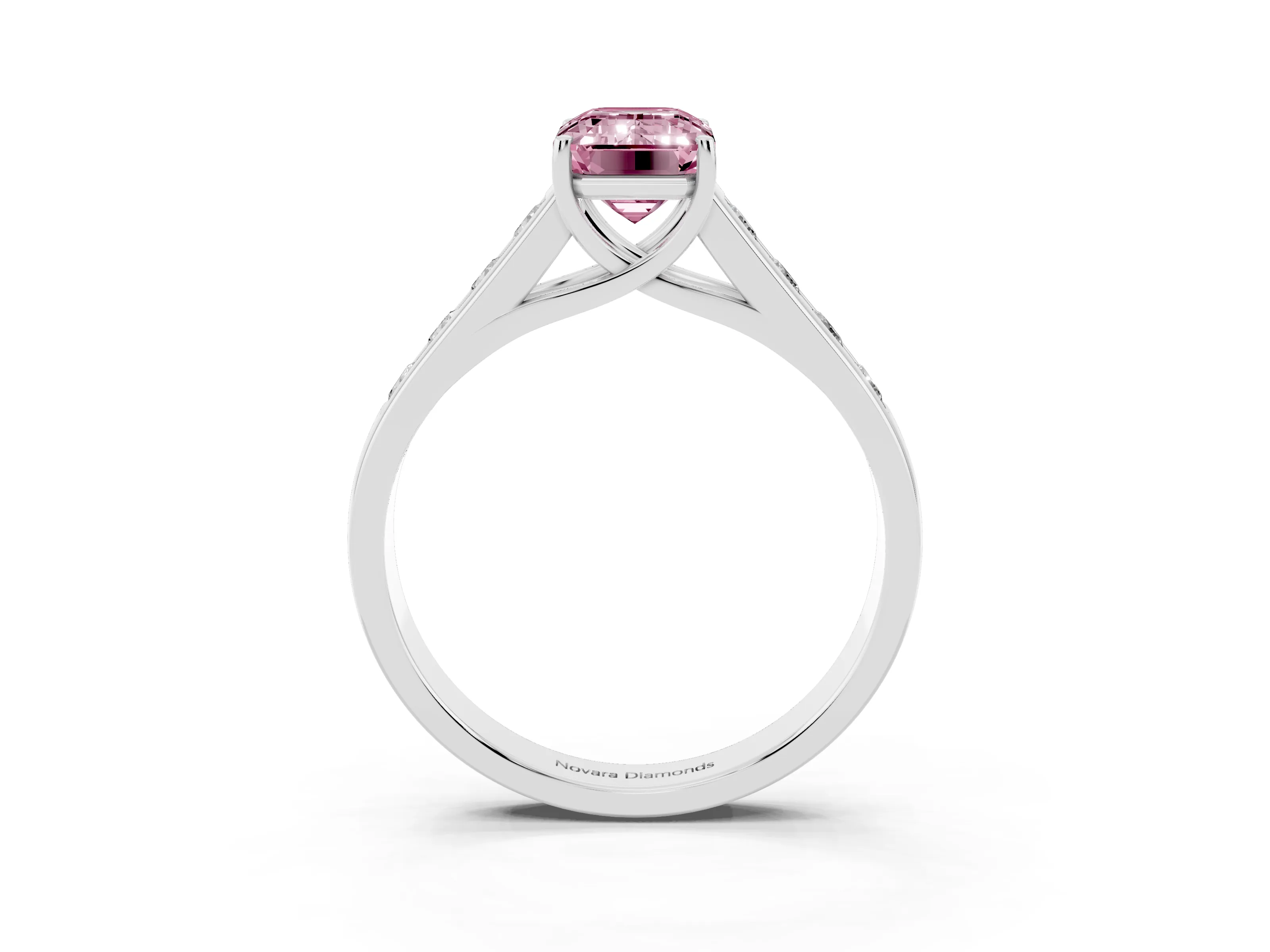 Fancy Pink Emerald Cut Diamond Brilliant Channel-Set Solitaire Ring Set in White gold with Prong Setting