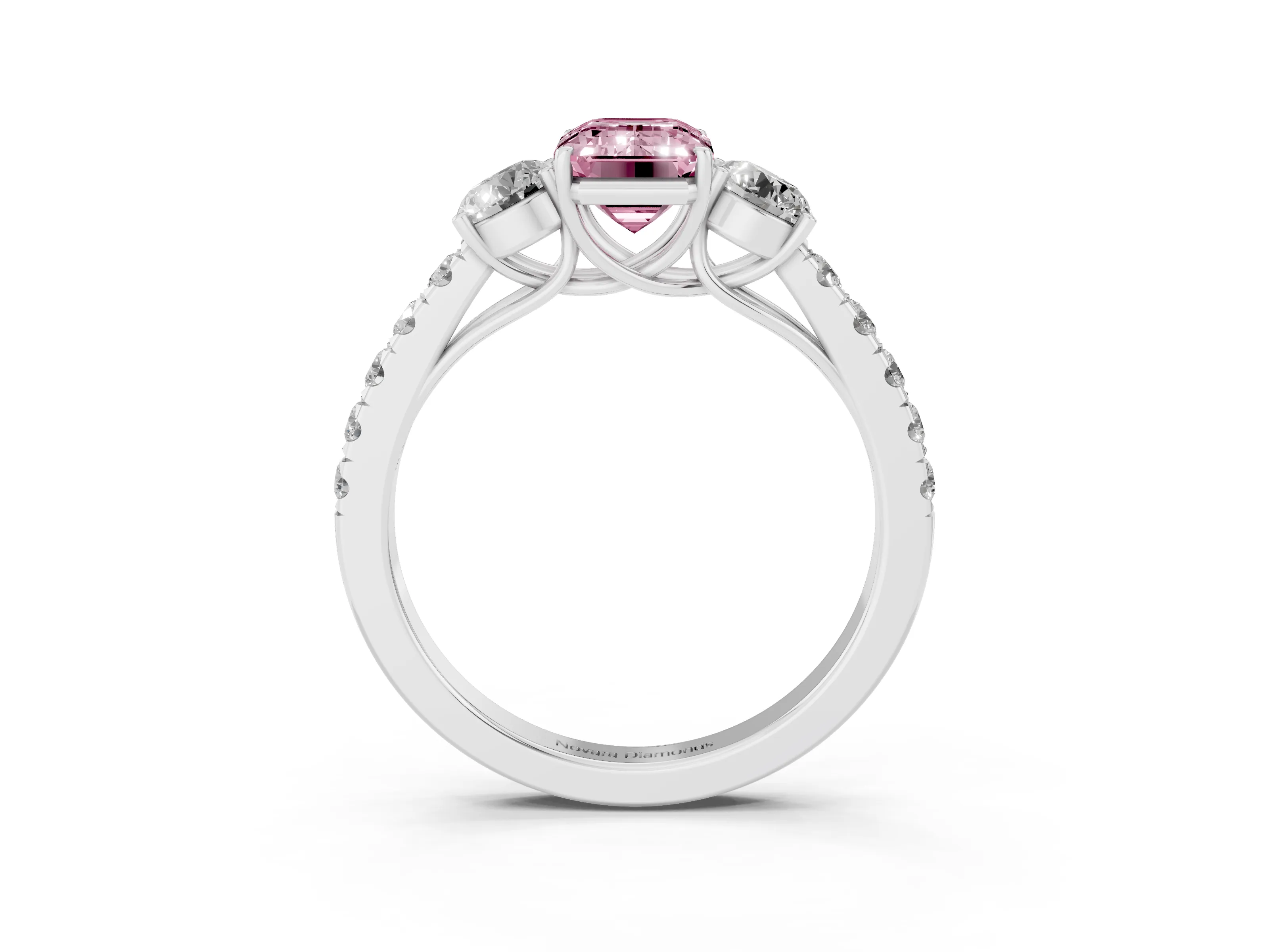 Fancy Pink Emerald Cut Diamond Three-Stone Ring Set in White gold with Round Side Stones and Delicate Pavé Band