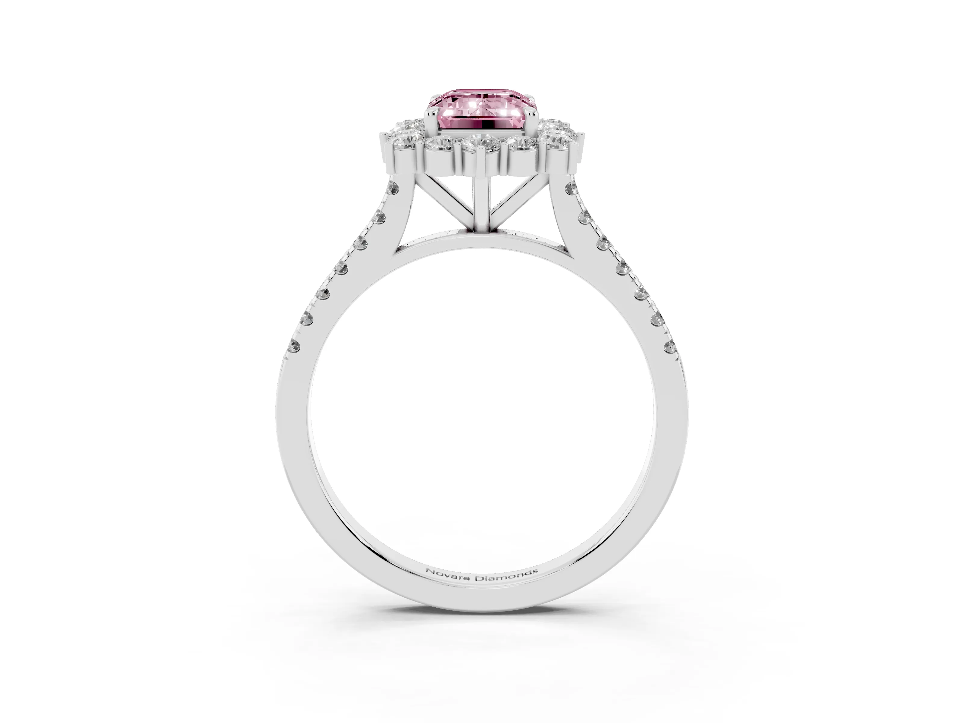 Fancy Pink Emerald Cut Diamond Halo Ring Set in Silver with Pavé Band and Prong Setting
