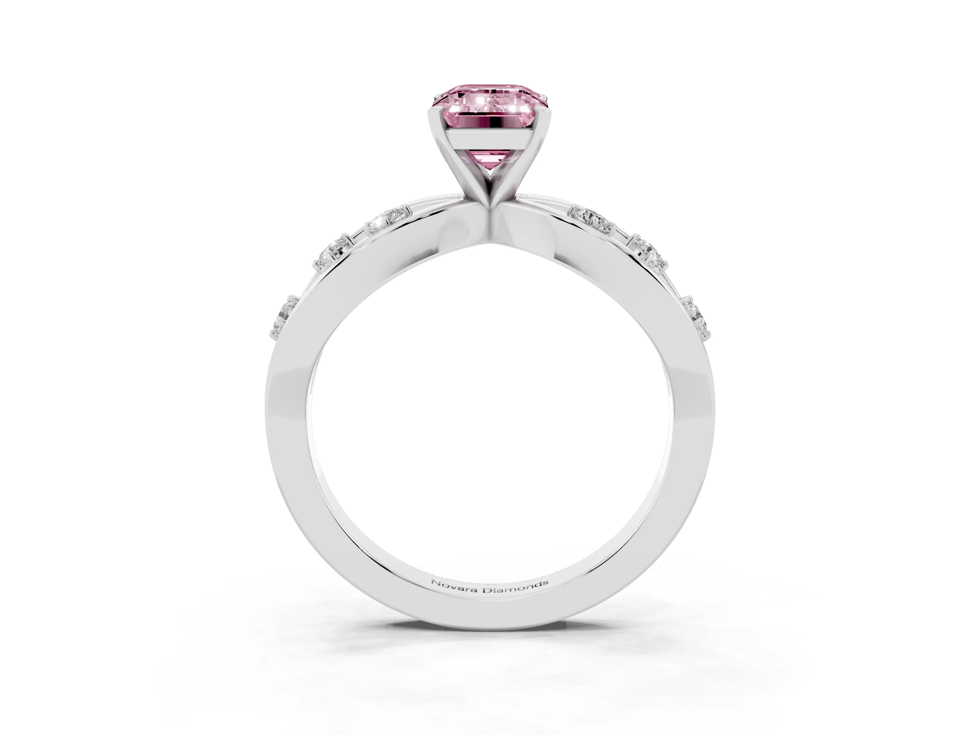 Fancy Pink Emerald Cut Diamond Solitaire Ring Set in Platinum with Side Stones on Criss-Cross Band and Prong Setting