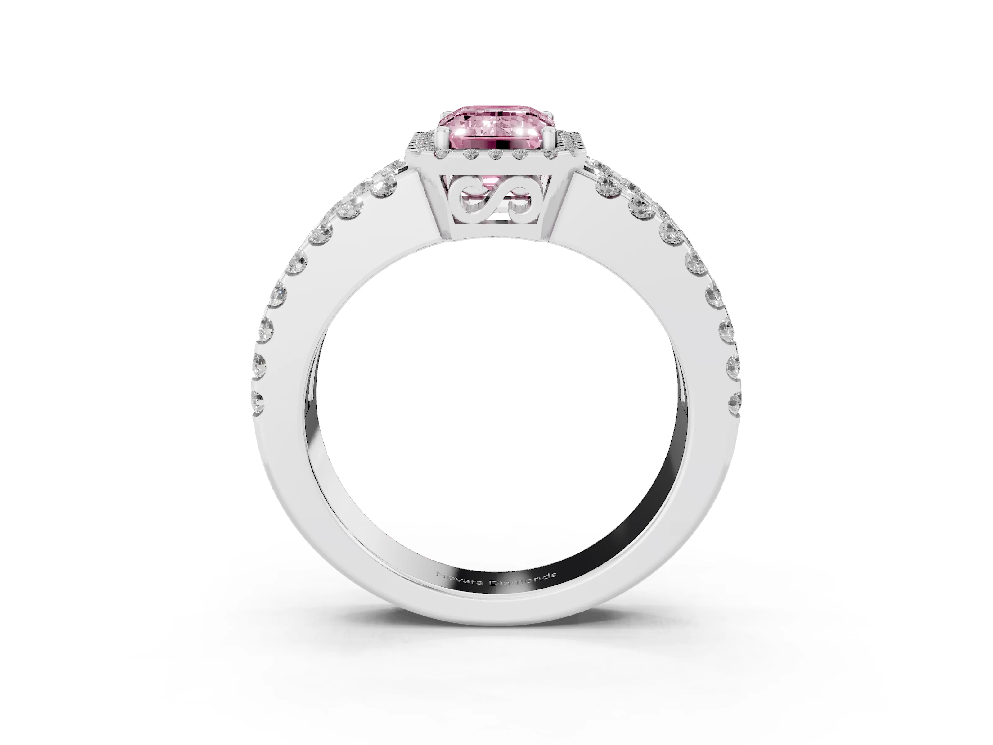 Fancy Pink Emerald Cut Diamond Halo Ring Set in Platinum with Pavé Split Shank and Prong Setting