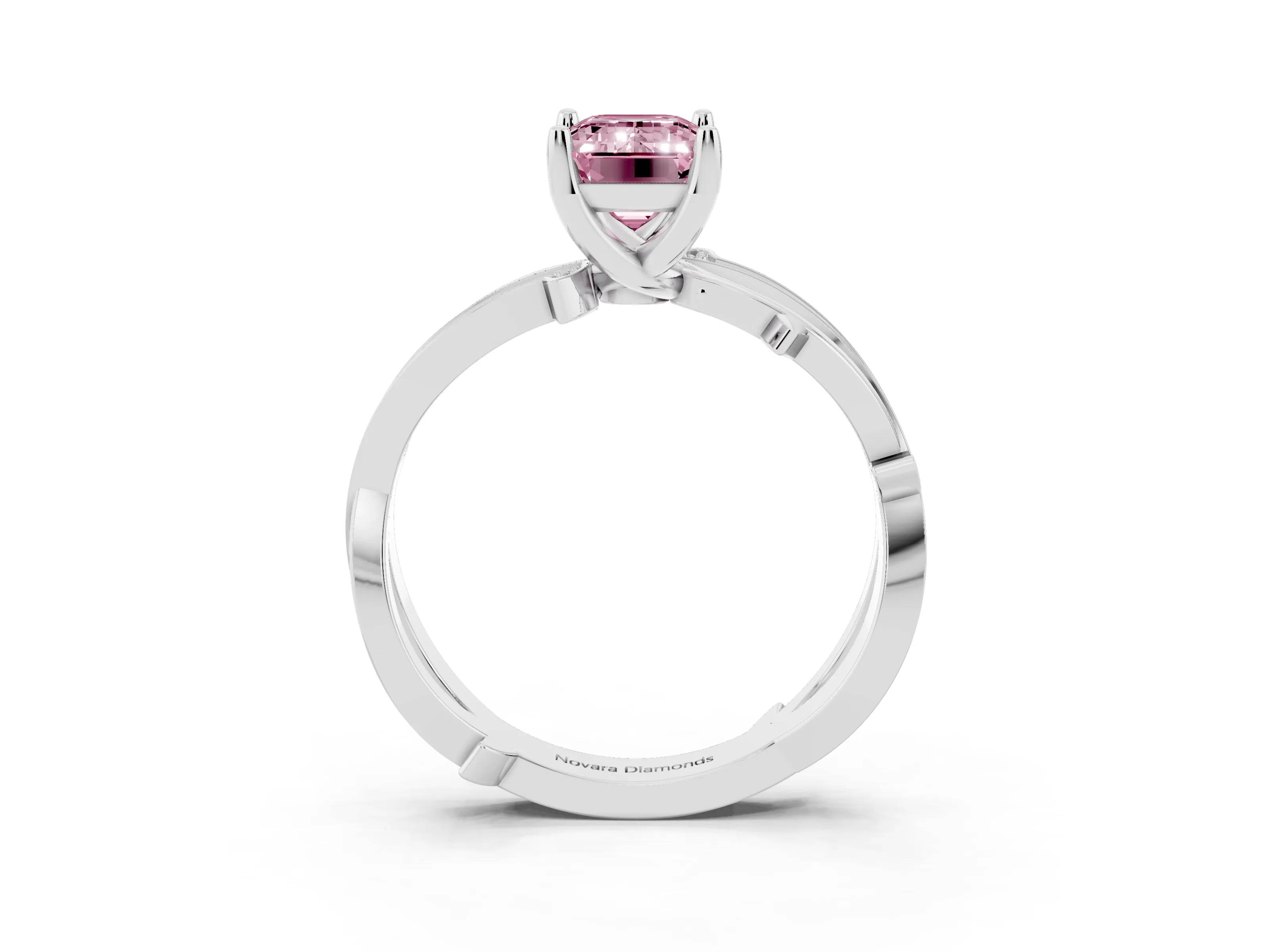 Fancy Pink Emerald Cut Diamond Pavé Twist Band Solitaire Ring Set in Platinum with Prong Setting