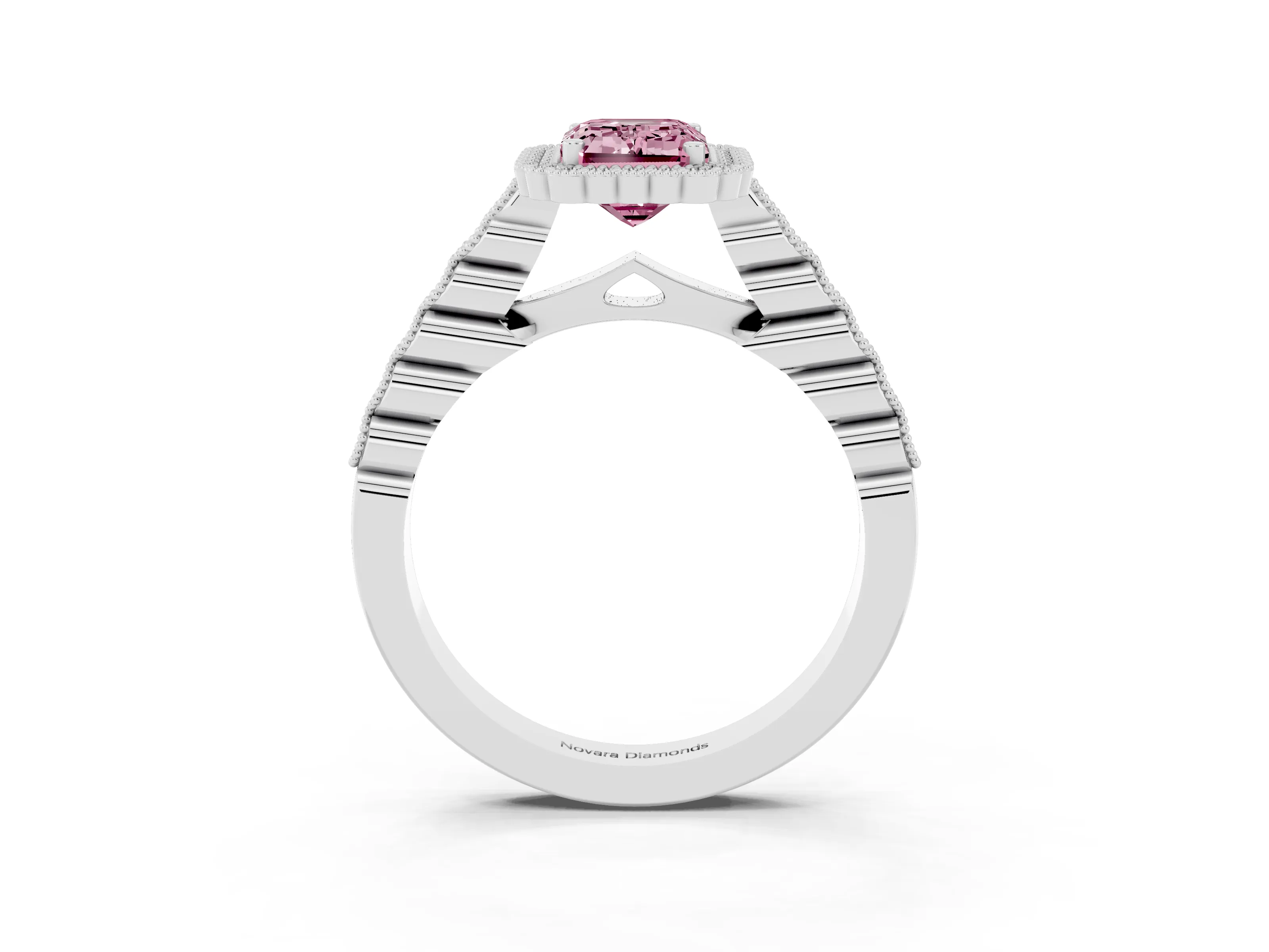 Fancy Pink Emerald Cut Diamond Halo Ring Set in White gold with Pavé Milgrain Band