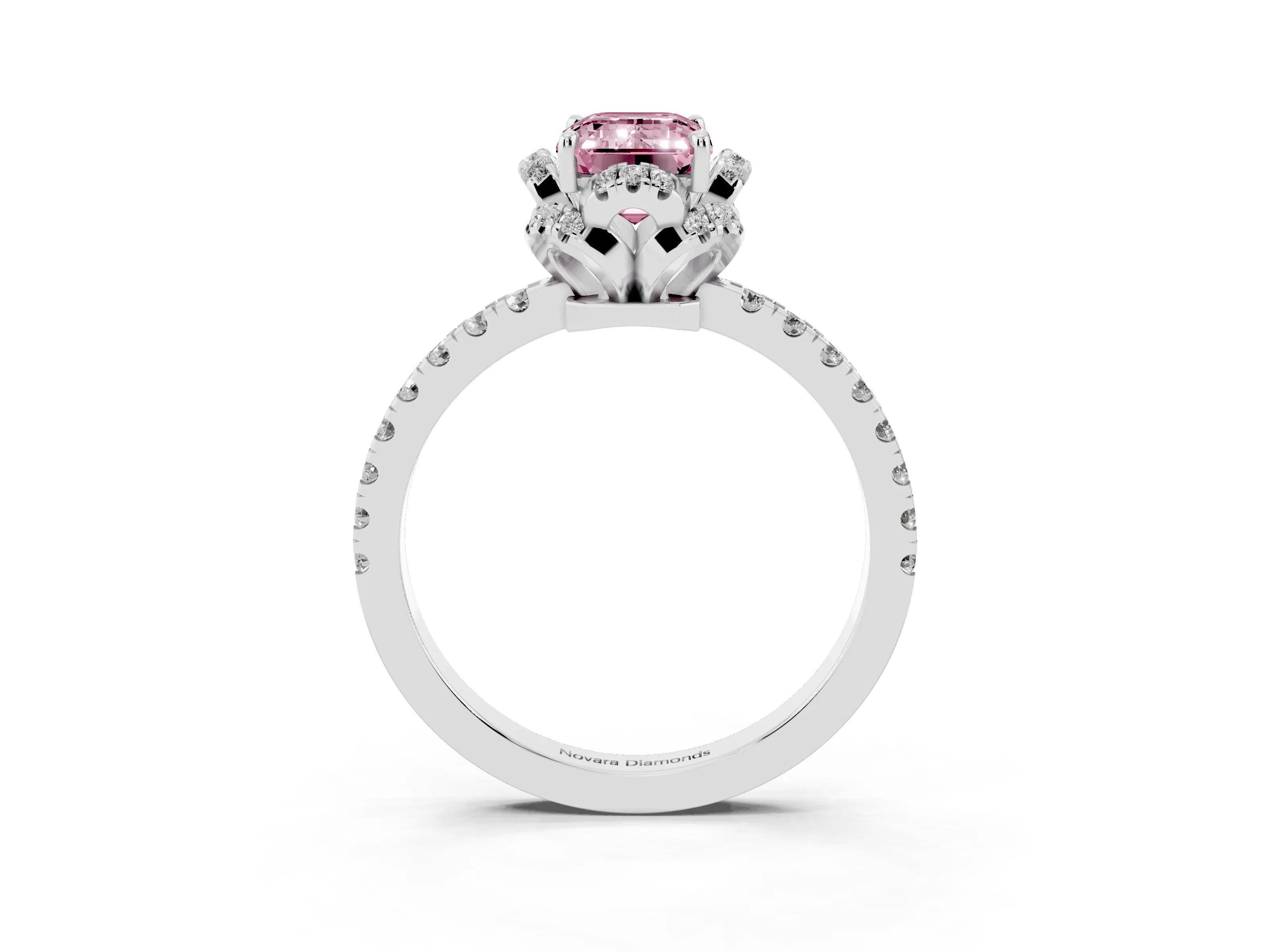 Fancy Pink Emerald Cut Diamond Halo Pavé Band Ring Set in Platinum with Prong-Held Center