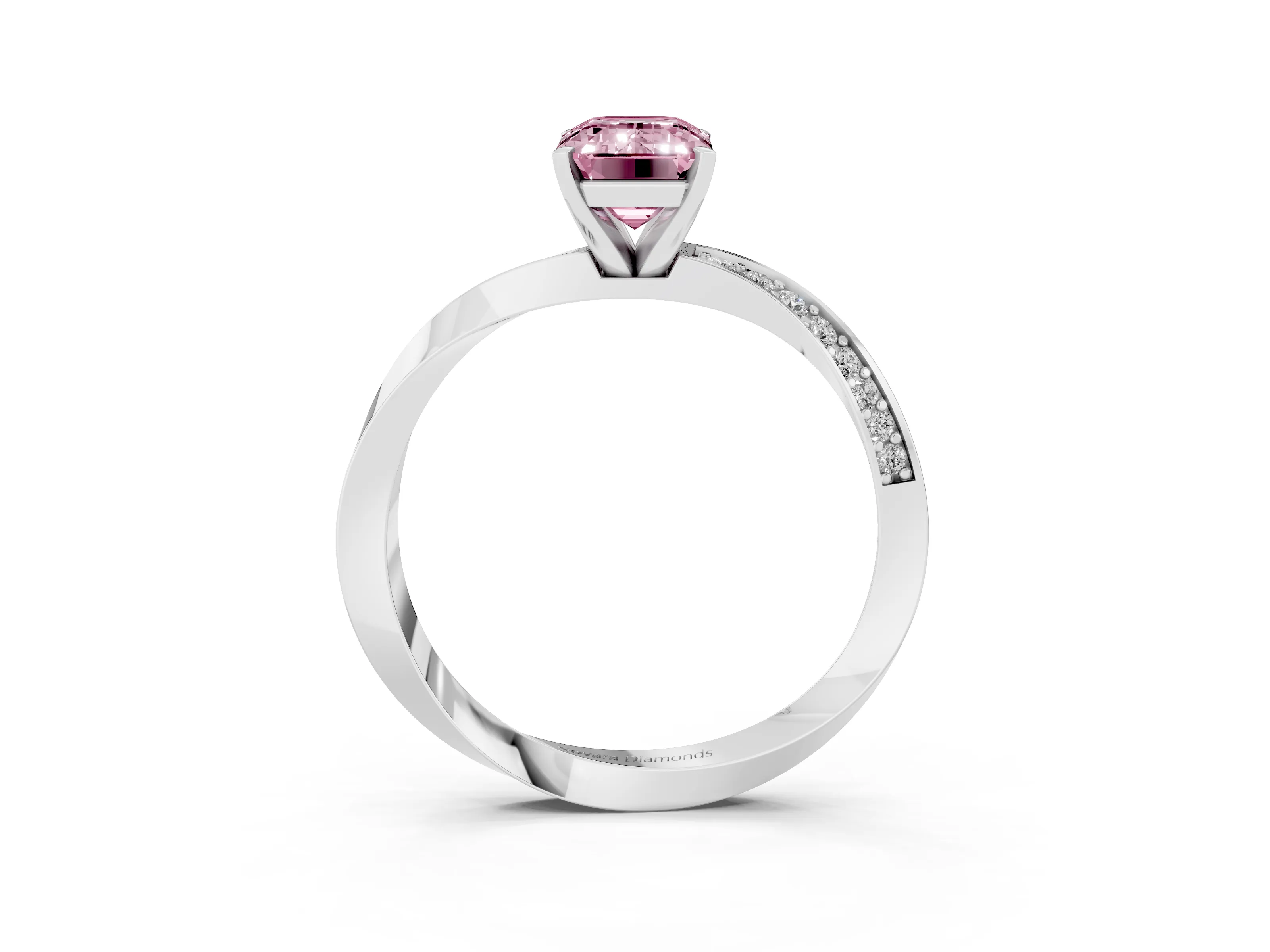 Fancy Pink Emerald Cut Diamond Engagement Ring Set in Platinum with Side Stone Accents and Prong Setting
