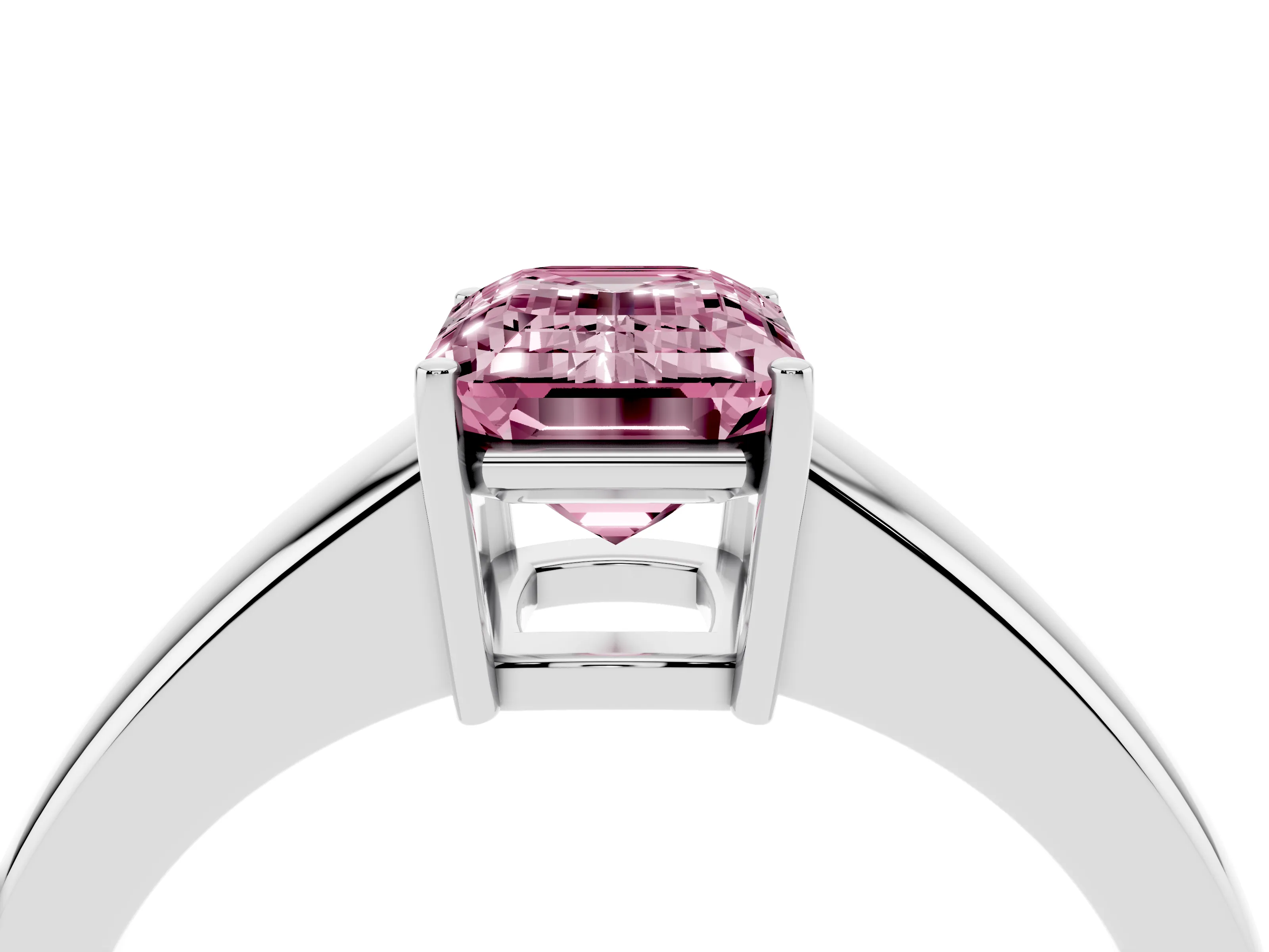 Fancy Pink Emerald Cut Diamond Solitaire Ring Set in White gold with Tapered Band and Prong Setting