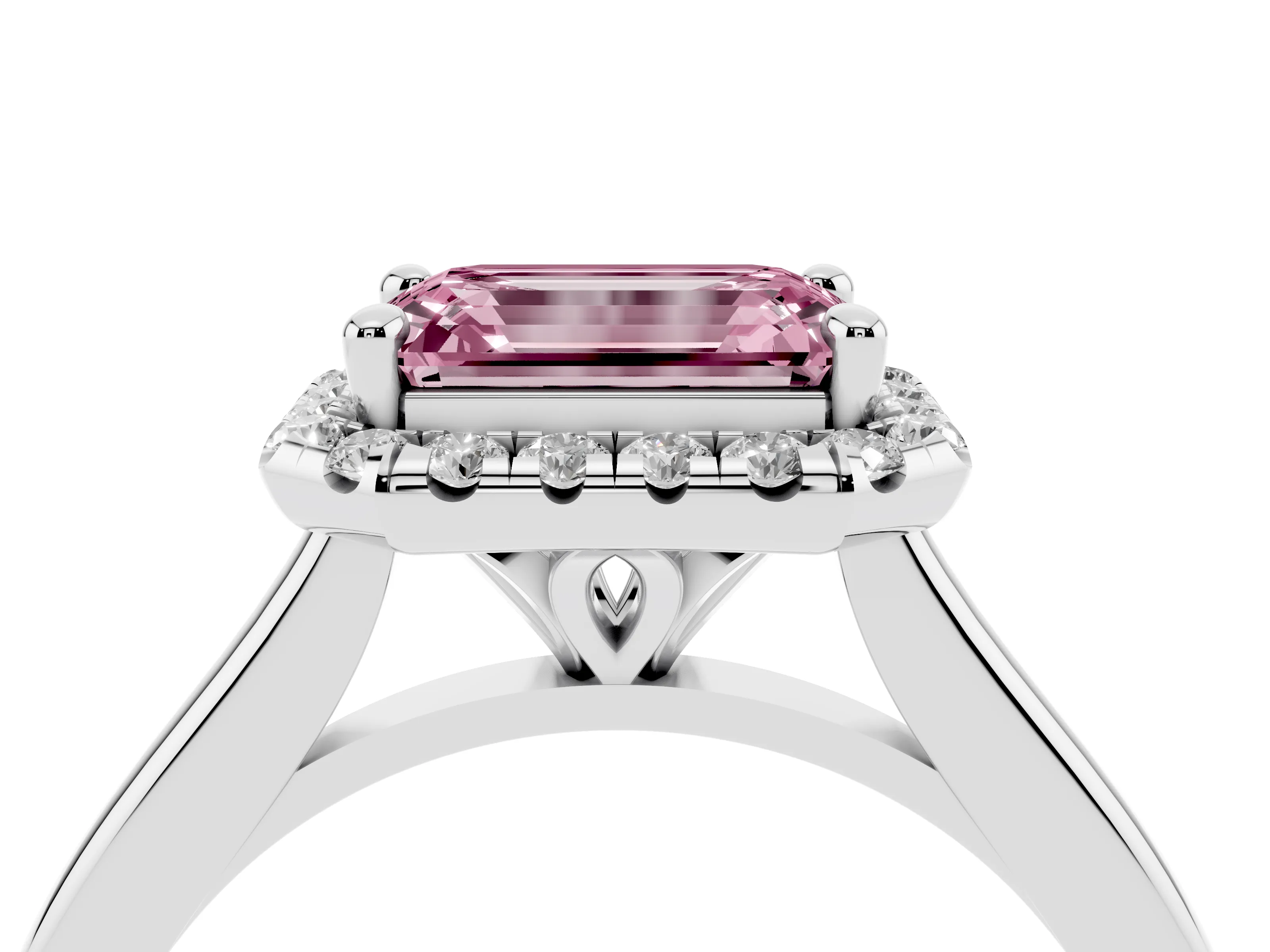 Fancy Pink Emerald Cut Diamond Halo Engagement Ring Set in White gold with Pavé Band and Rising Shoulders