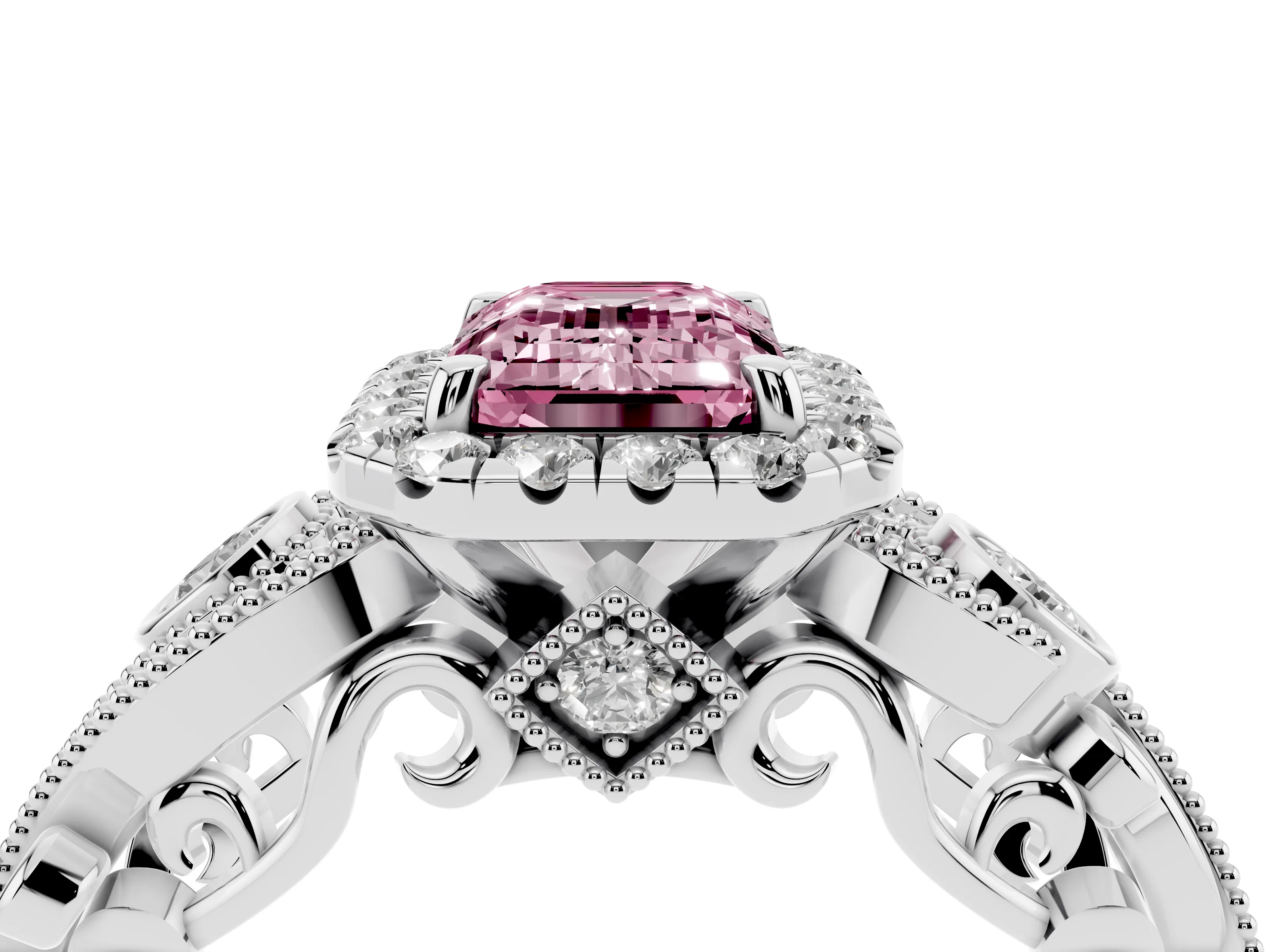 Fancy Pink Emerald Cut Diamond Halo Ring Set in Silver with Milgrain Pavé Band and Prong Setting