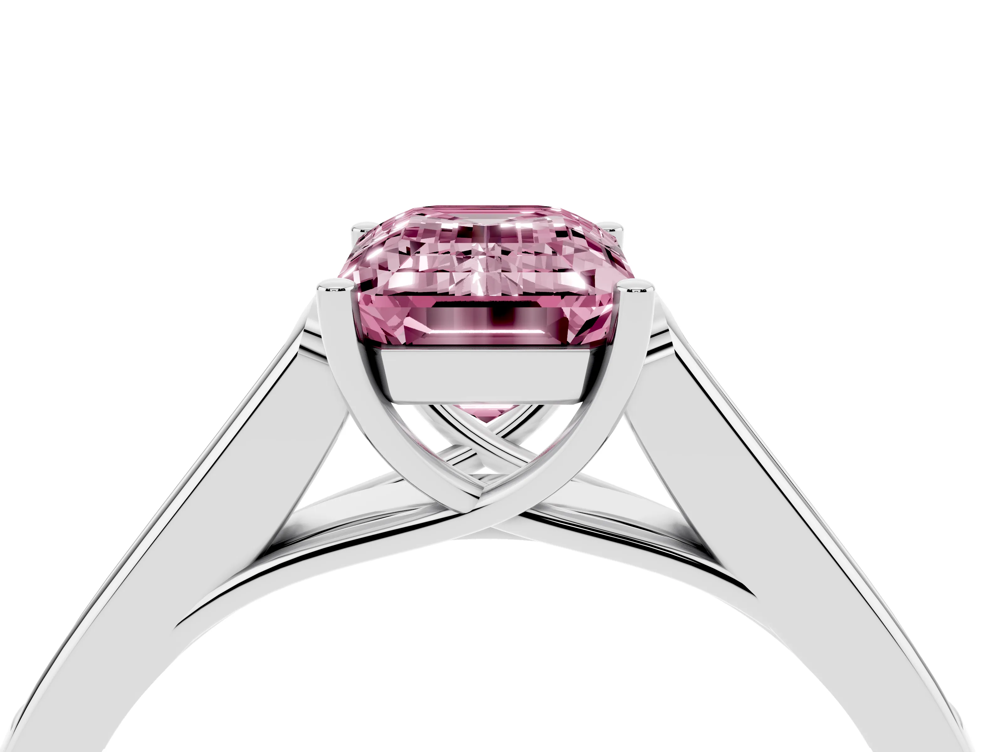 Fancy Pink Emerald Cut Diamond Solitaire Cathedral Engagement Ring Set in White gold with Channel-Set Band and Prong Setting