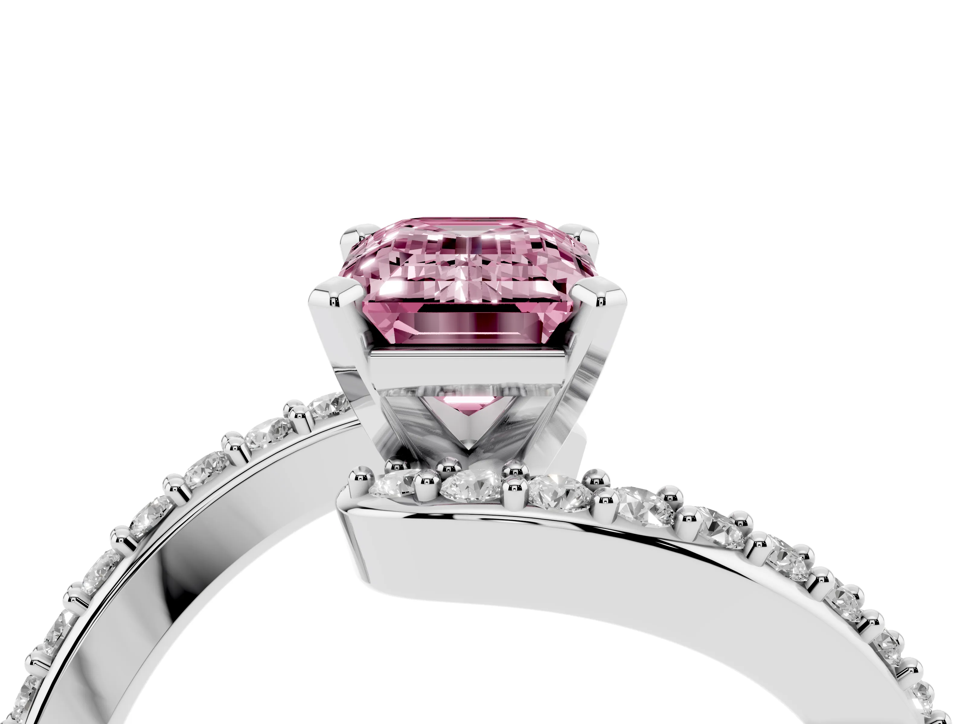 Fancy Pink Emerald Cut Diamond Solitaire Ring Set in Platinum with Pavé Twist Band and Prong Setting