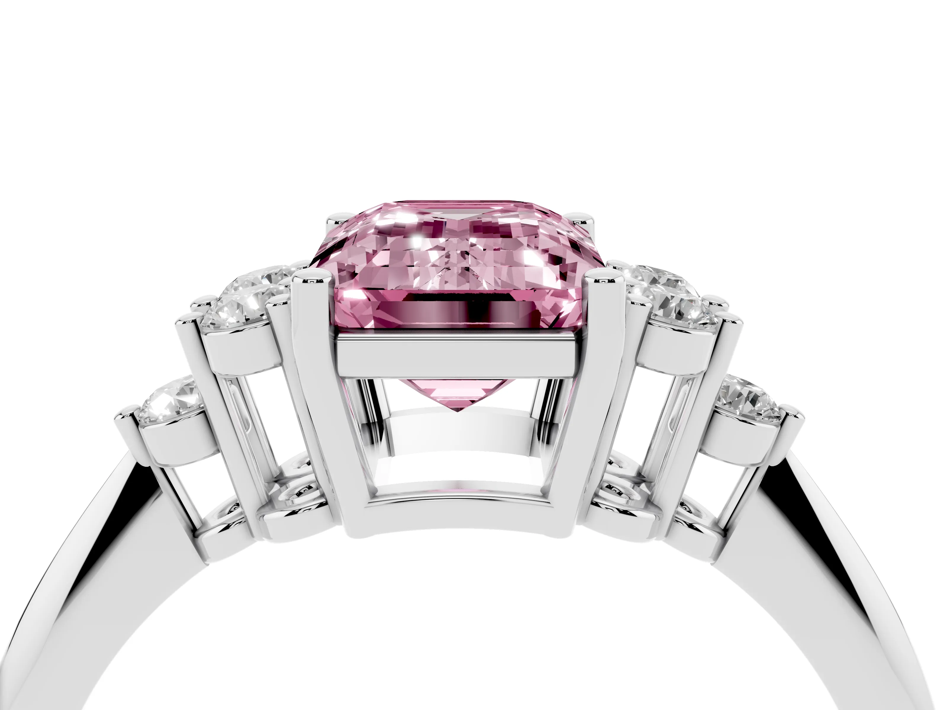 Fancy Pink Emerald Cut Diamond Cluster Ring Set in Silver with Plain Band and Prong Setting