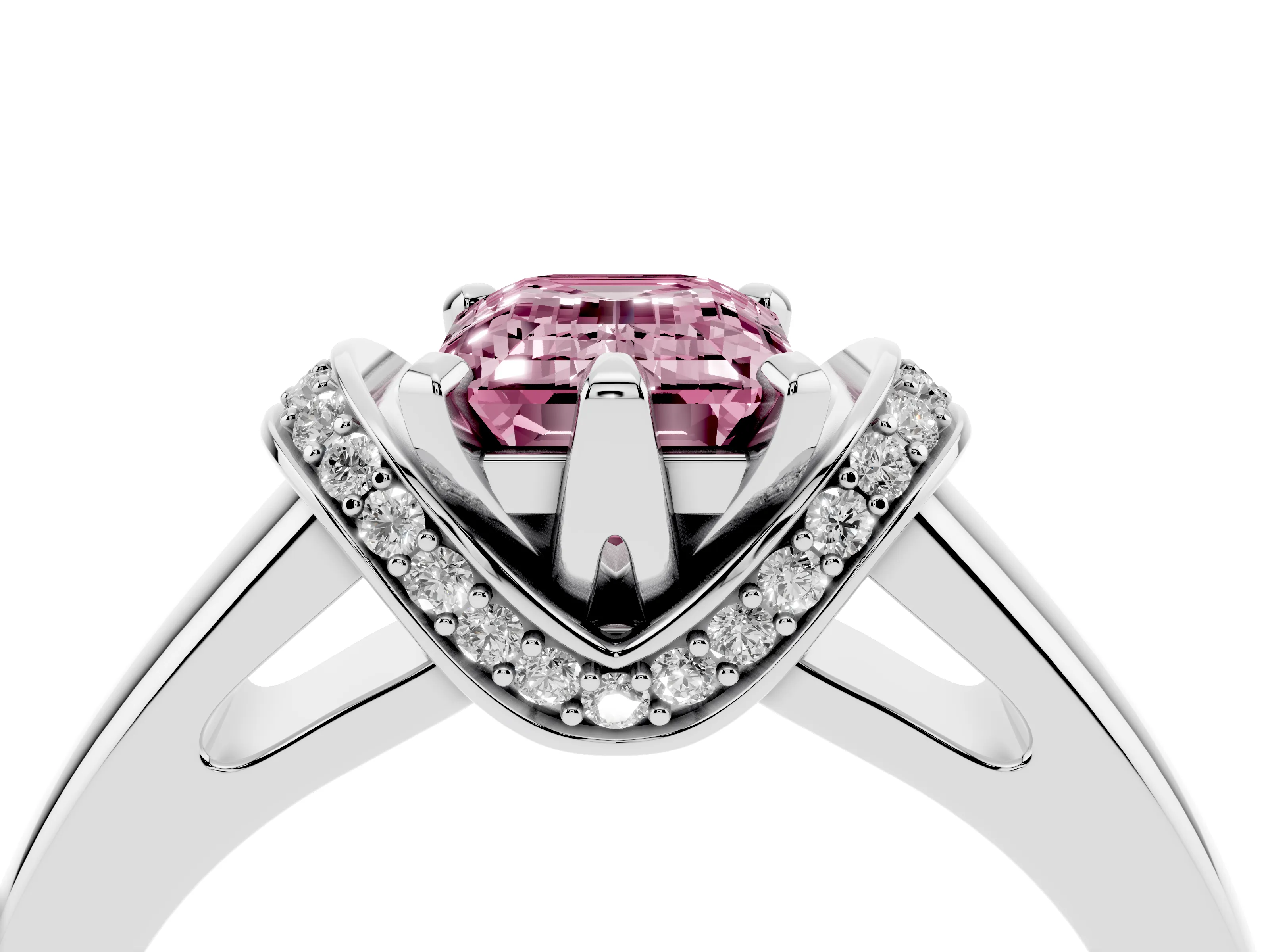 Fancy Pink Emerald Cut Diamond Pavé Band Solitaire Ring Set in White gold with Prong Setting