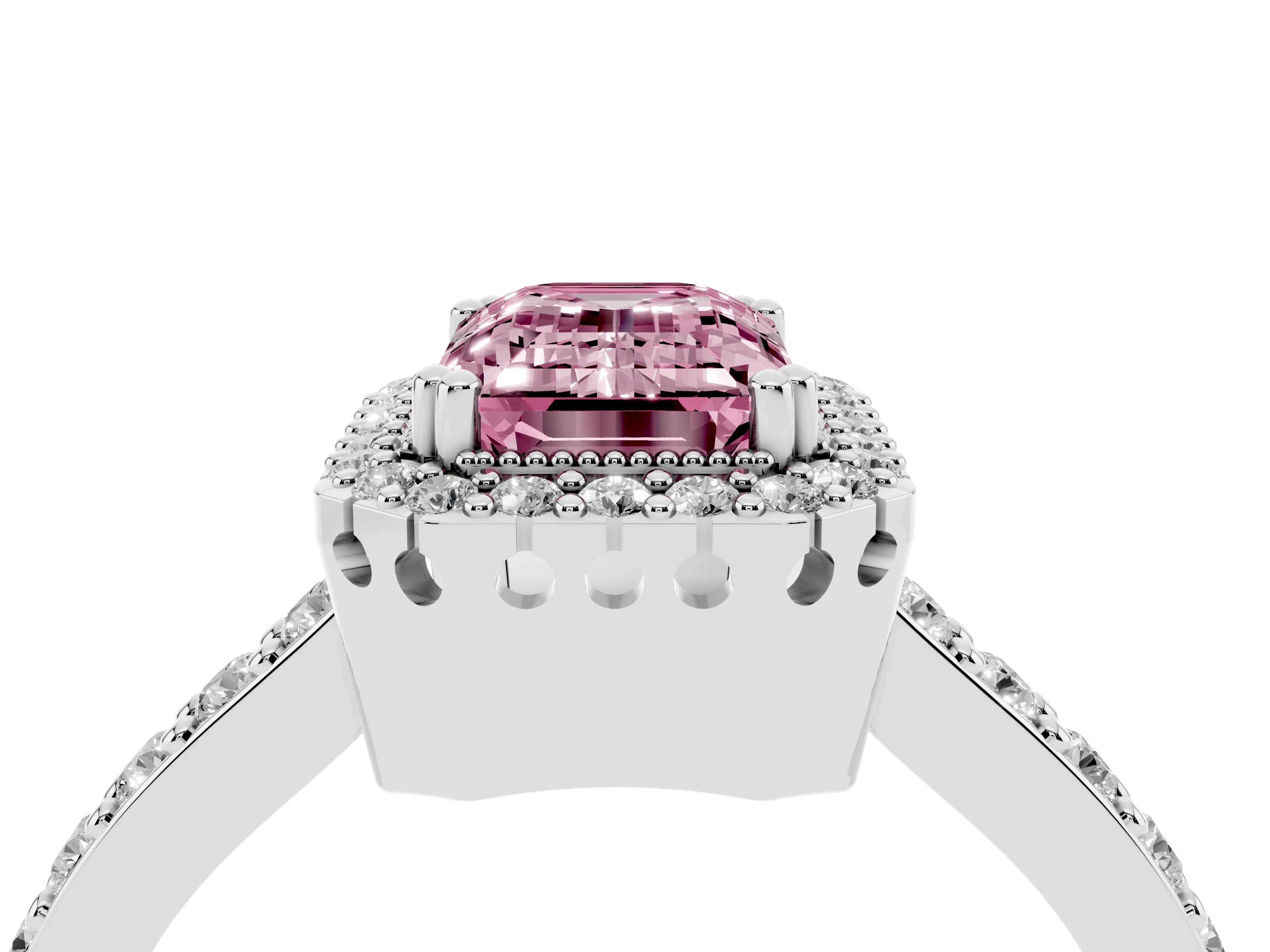 Fancy Pink Emerald Cut Diamond Halo Engagement Ring Set in White gold with Milgrain Detail and Pavé Band