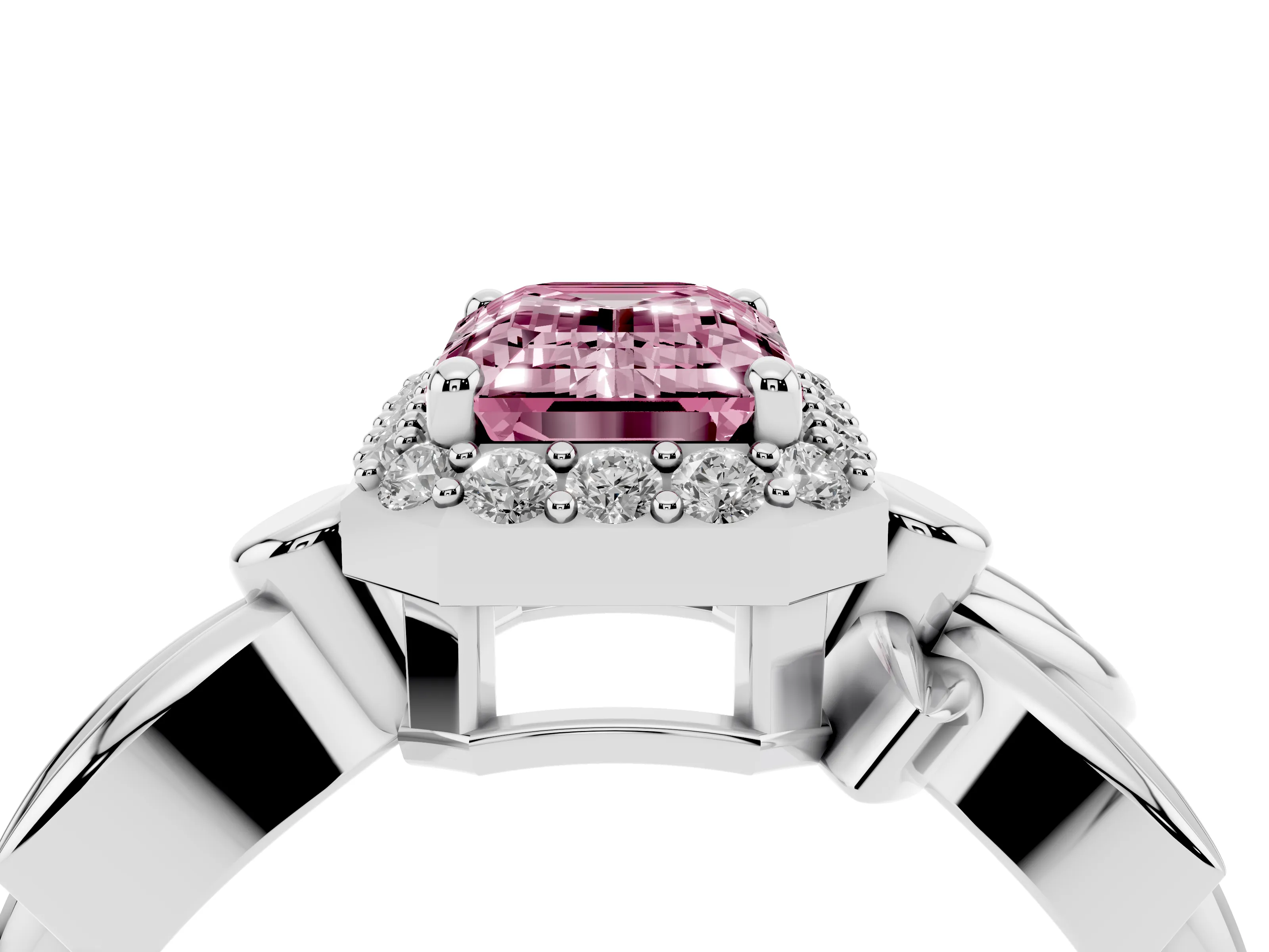 Fancy Pink Emerald Cut Diamond Halo Floral Band Ring Set in White gold with Prong Setting