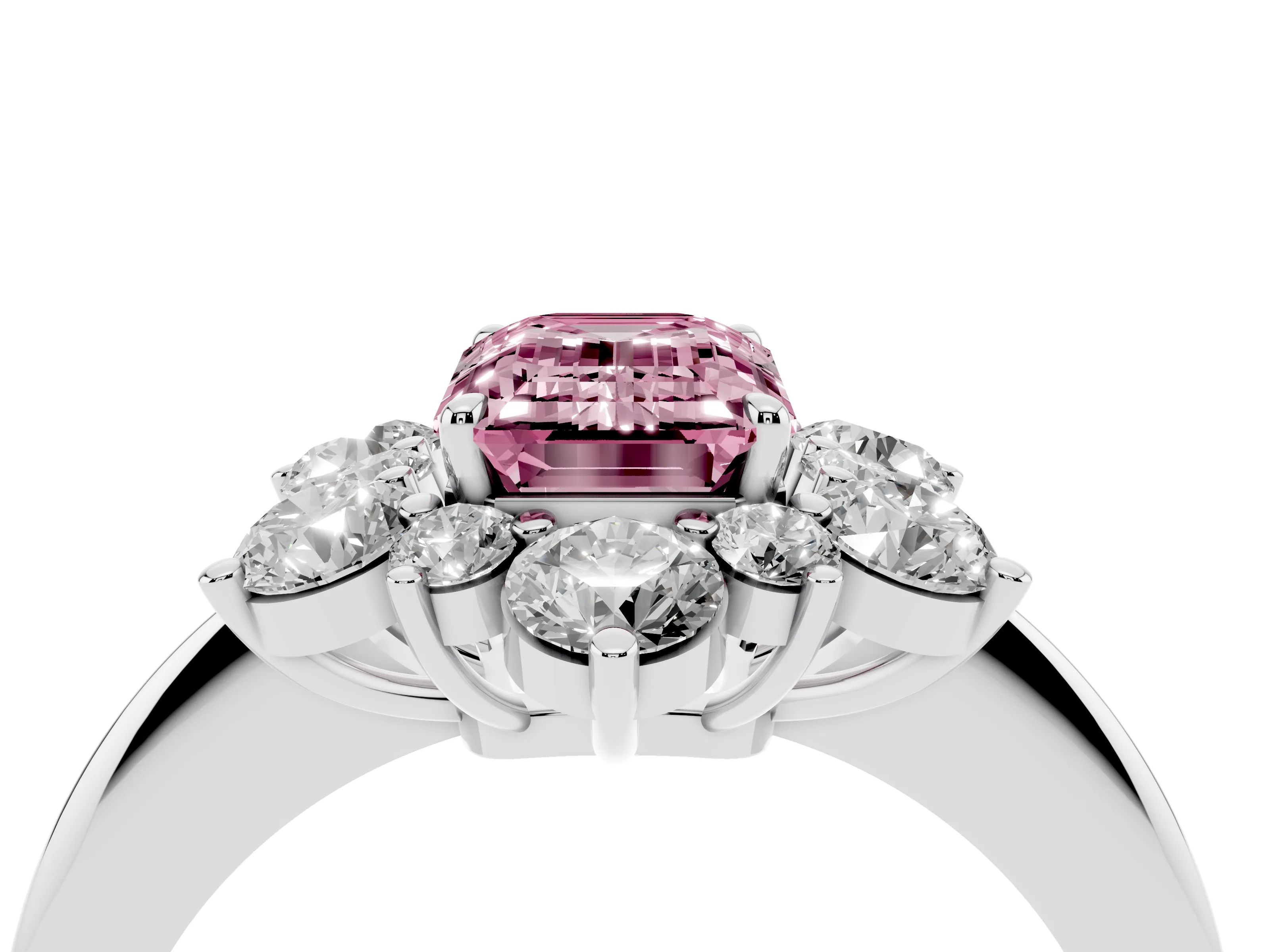 Fancy Pink Emerald Cut Diamond Cluster Halo Ring Set in White gold with Solitaire Band and Prong Setting
