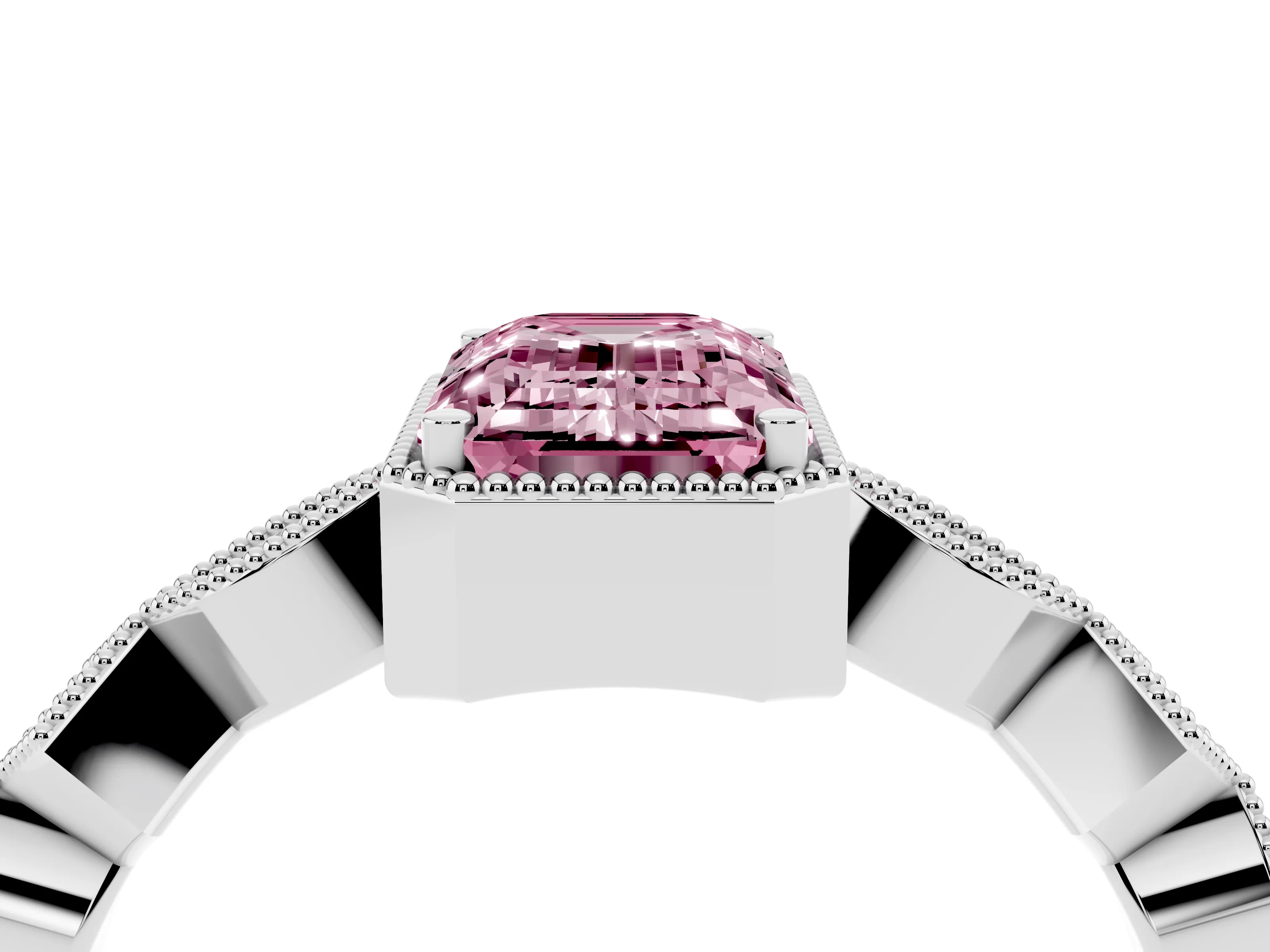 Fancy Pink Emerald Cut Diamond Milgrain Marquise Twist Band Ring Set in Silver with Prong Setting