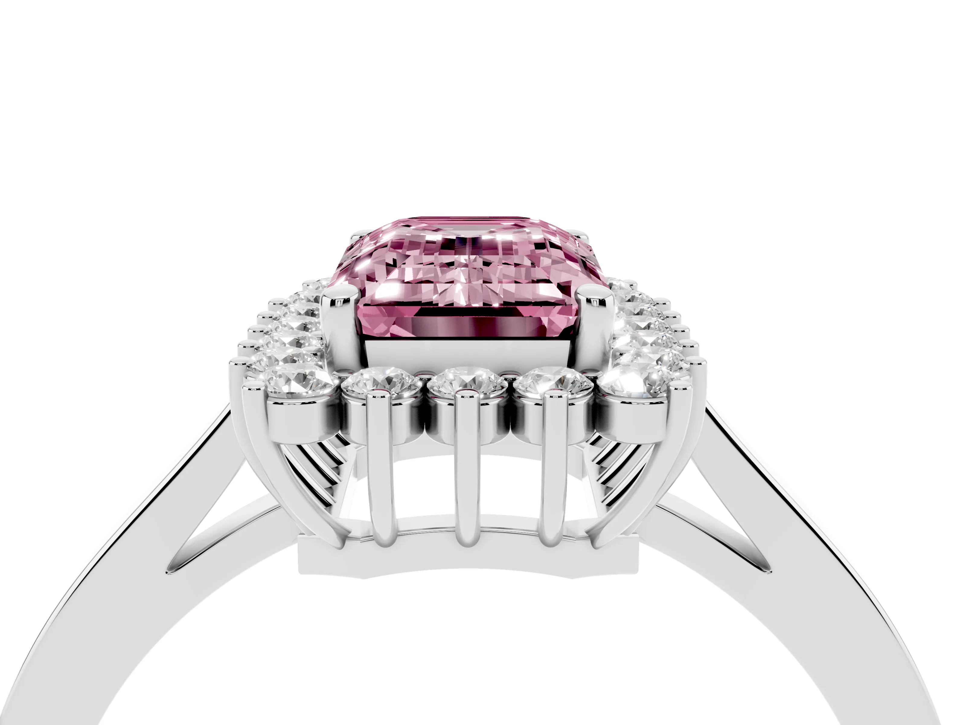 Fancy Pink Emerald Cut Diamond Halo Ring Set in Platinum with Round Halo and Smooth Solitaire Band