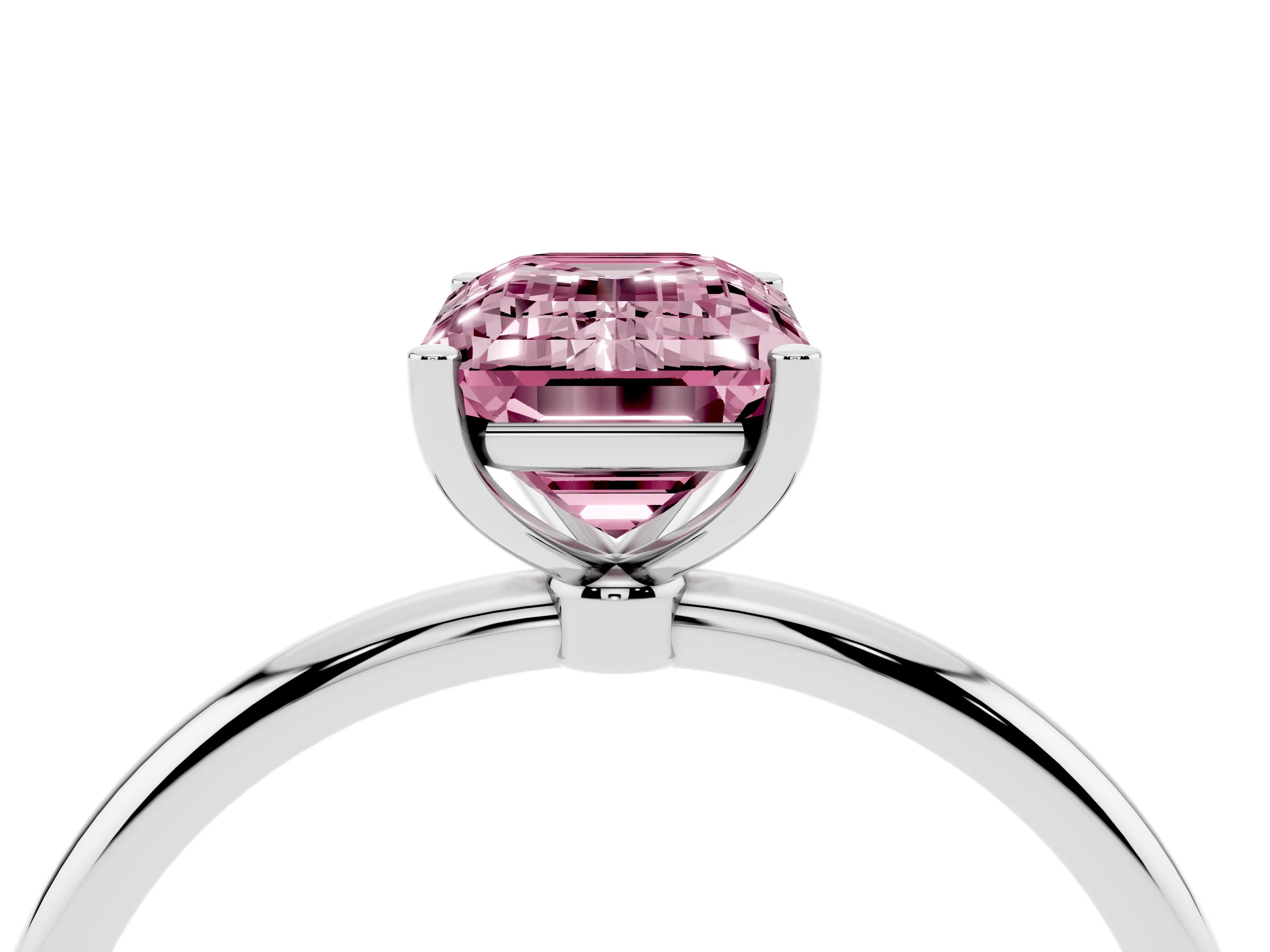 Fancy Pink Emerald Cut Diamond Solitaire Engagement Ring Set in Platinum with Thin Band and Prong Setting