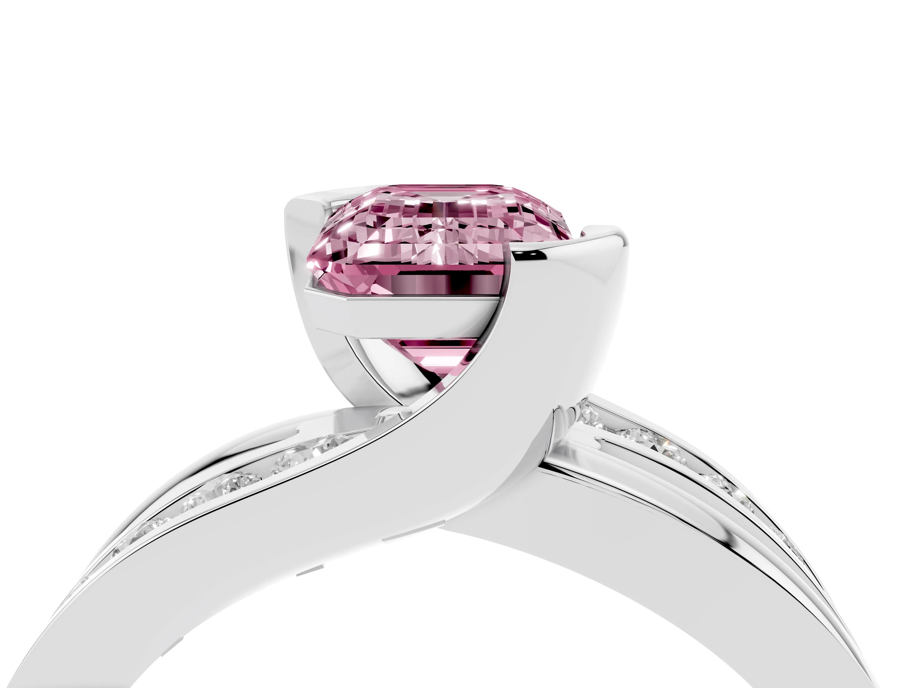 Fancy Pink Emerald Cut Diamond Solitaire Ring Set in Silver with Channel Set Split Shank and Tension Prongs