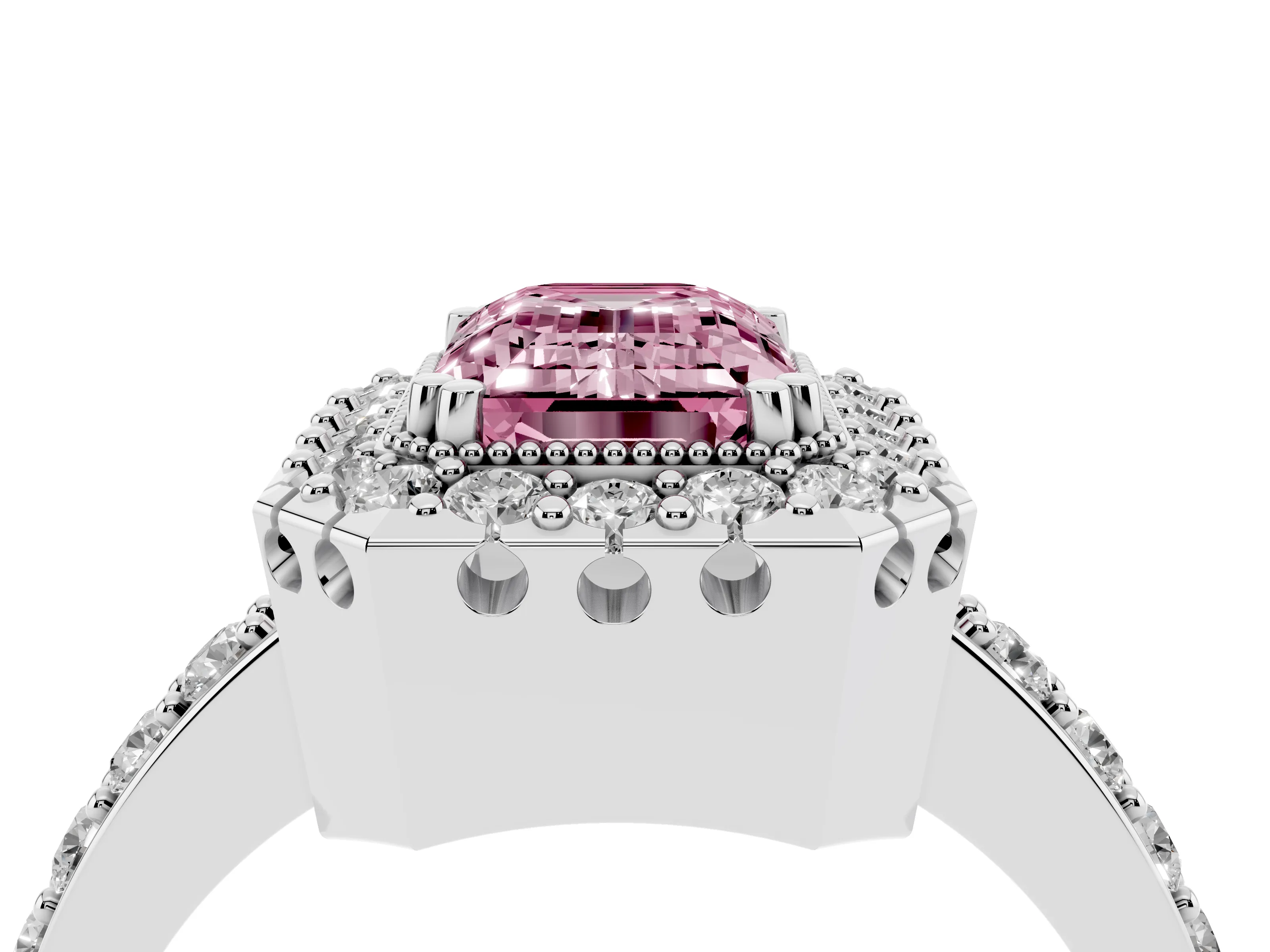 Fancy Pink Emerald Cut Diamond Halo Ring Set in Platinum with Pavé Shank and Prong Setting