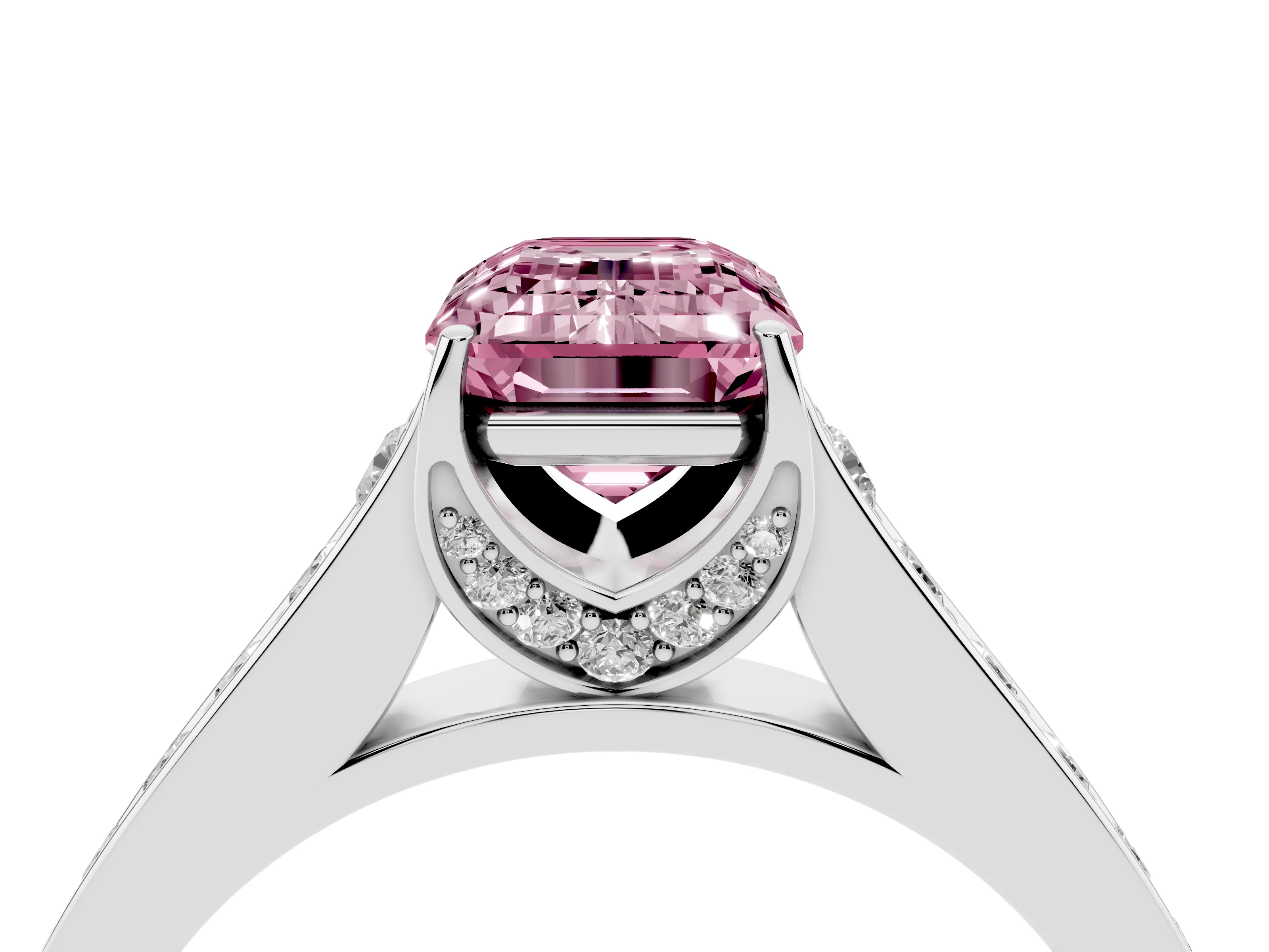 Fancy Pink Emerald Cut Diamond Solitaire Pavé Engagement Ring Set in White gold with Prong Setting