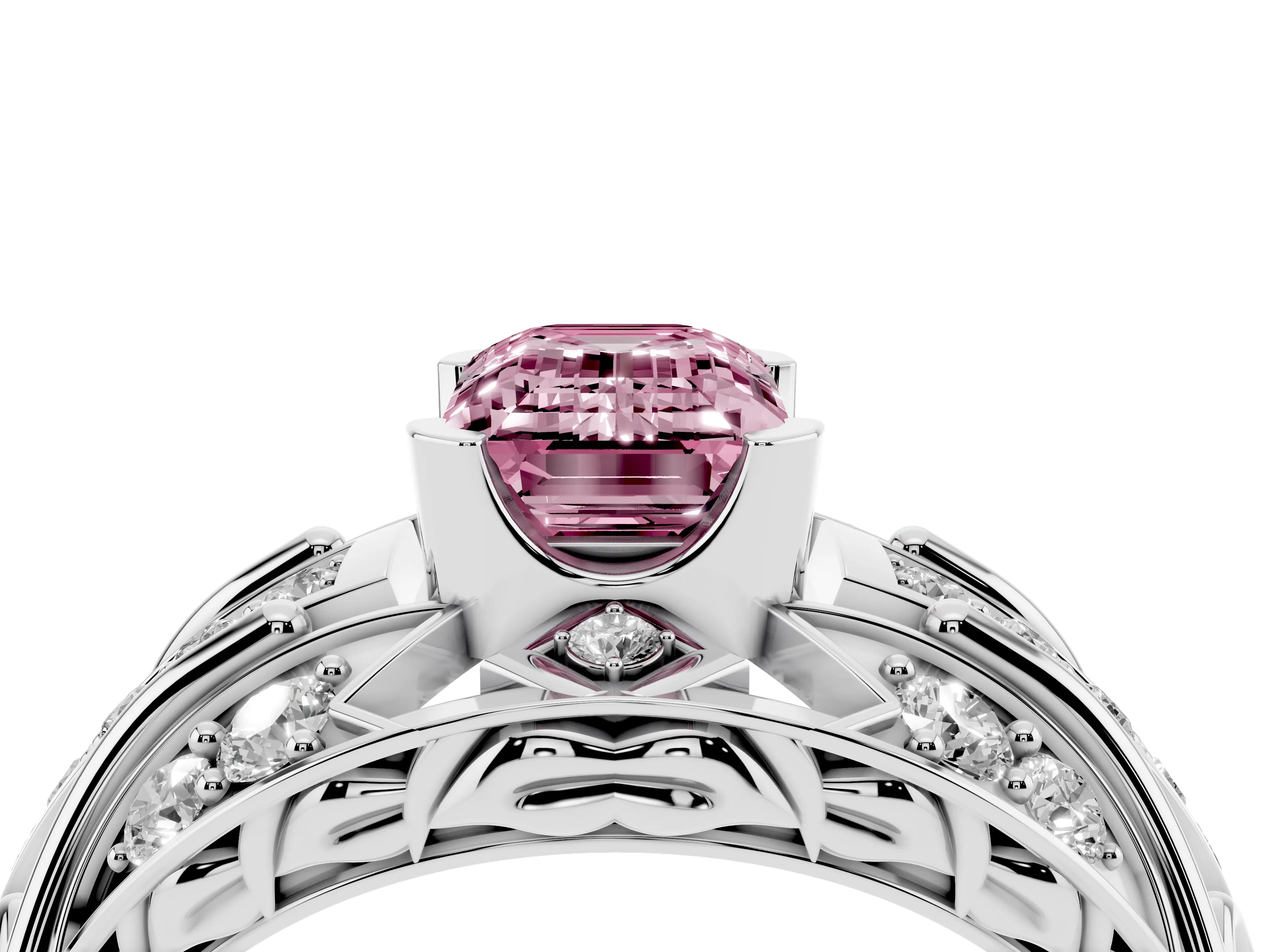 Fancy Pink Emerald Cut Diamond Art Deco Ring Set in White gold with Pavé Split Shank