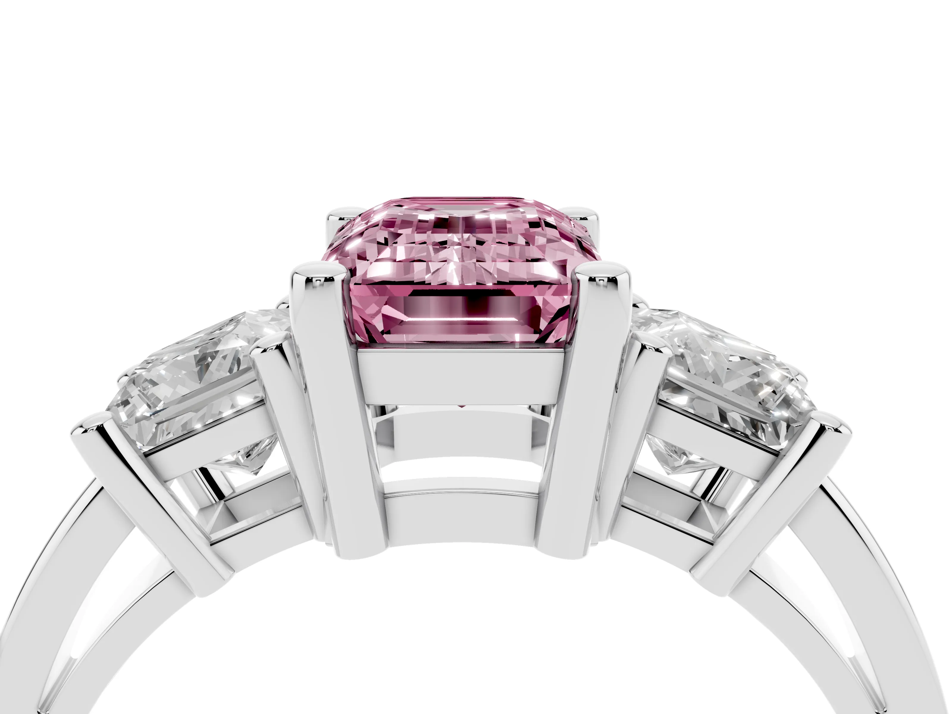 Fancy Pink Three-Stone Emerald Cut Diamond Solitaire Ring Set in Platinum with Prong Setting