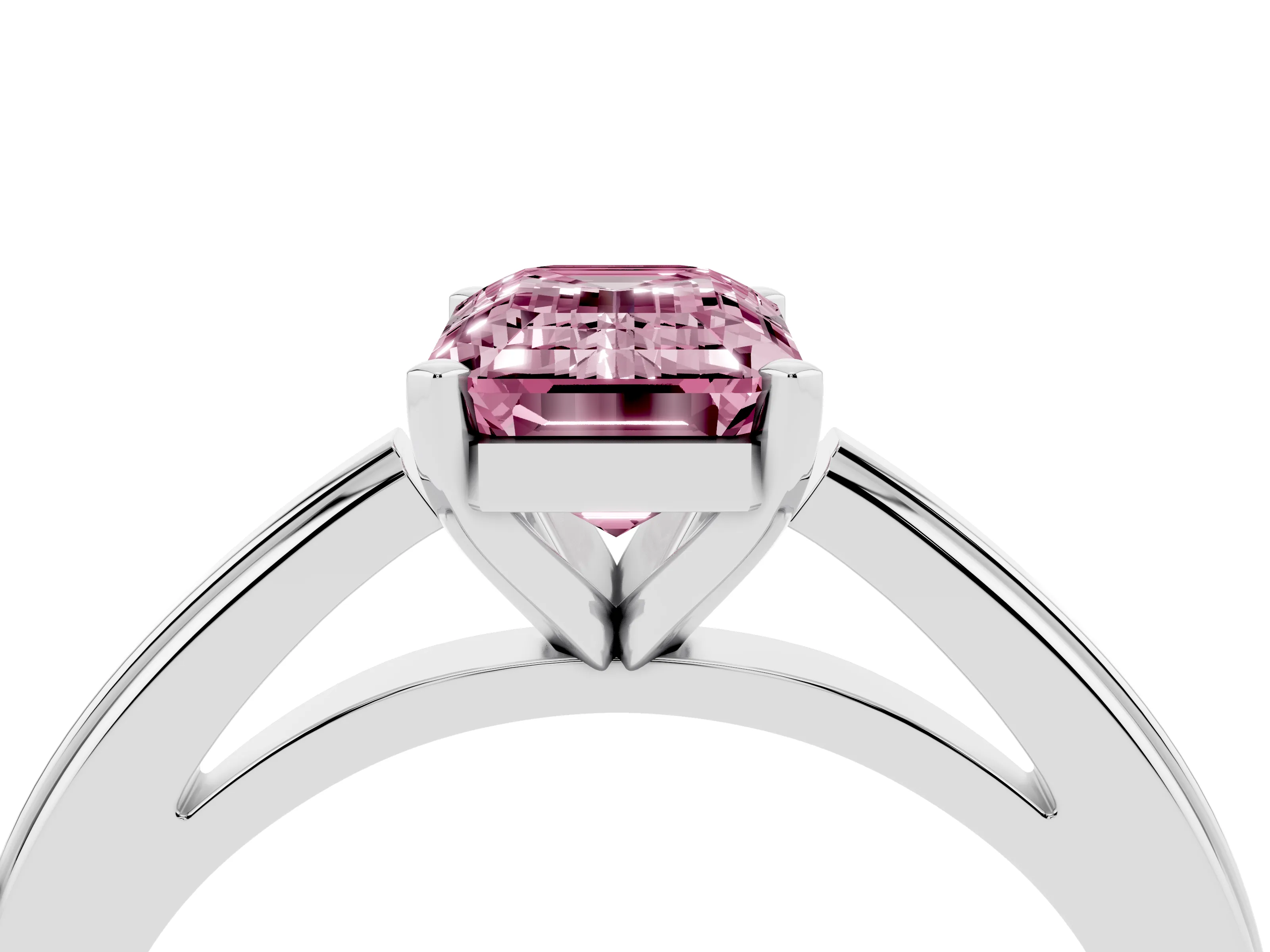 Fancy Pink Emerald Cut Diamond Solitaire Ring Set in Platinum with Prong Setting and Classic Band