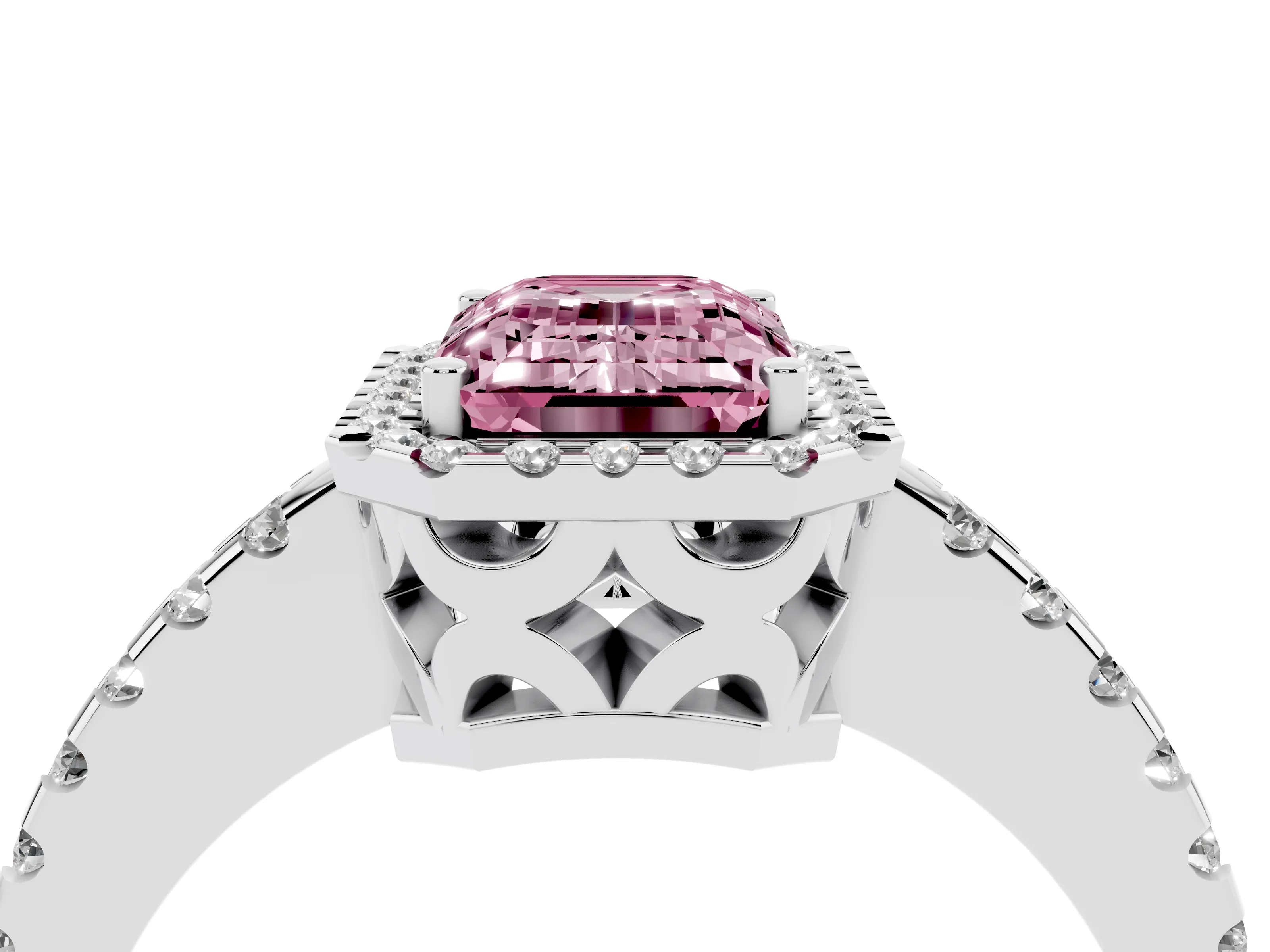 Fancy Pink Emerald Cut Diamond Halo Ring Set in White gold with Pavé Shoulders and Halo-Framed Center