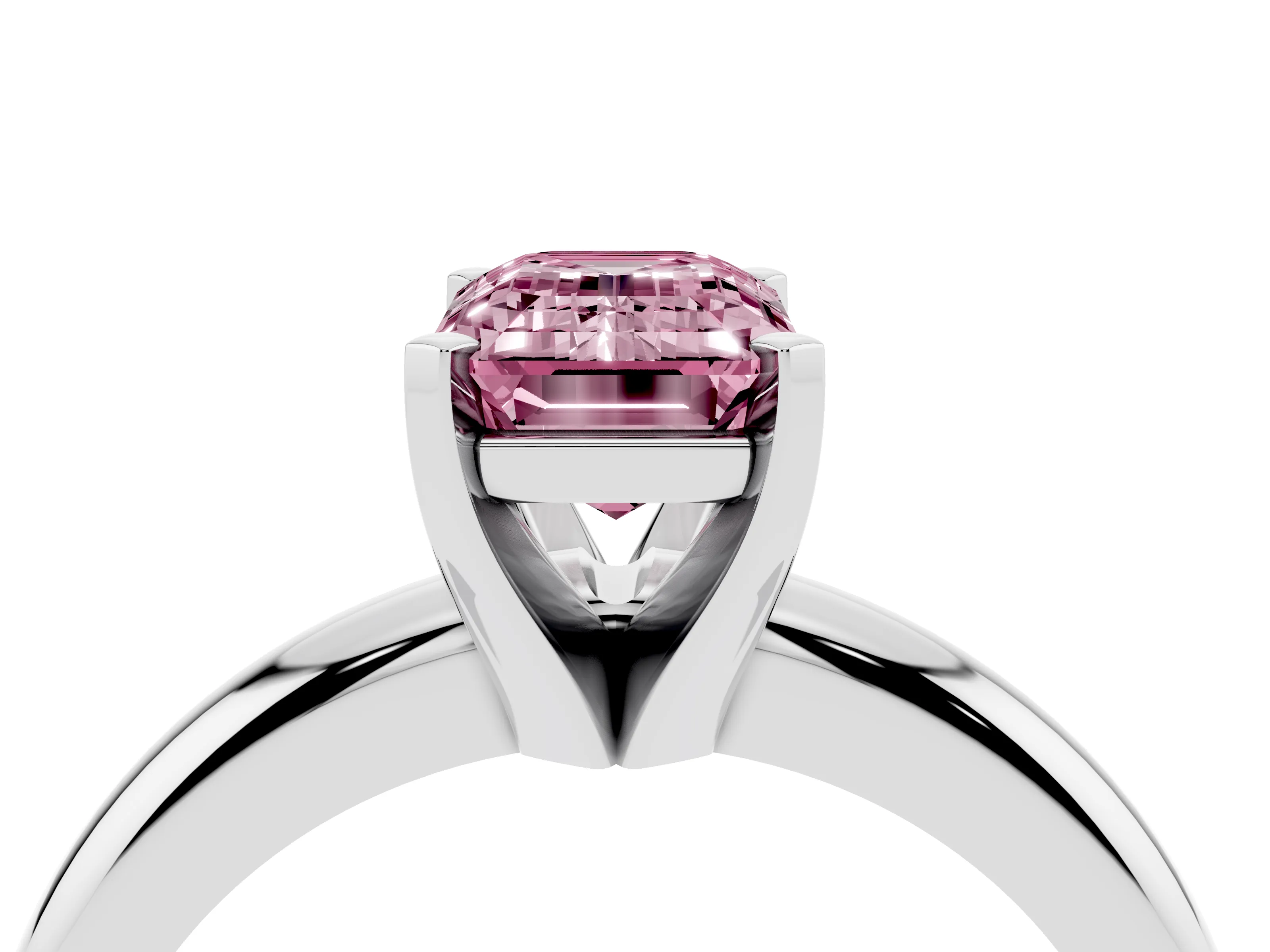 Fancy Pink Emerald Cut Diamond Solitaire Engagement Ring Set in Platinum with Round Band and Prong Setting