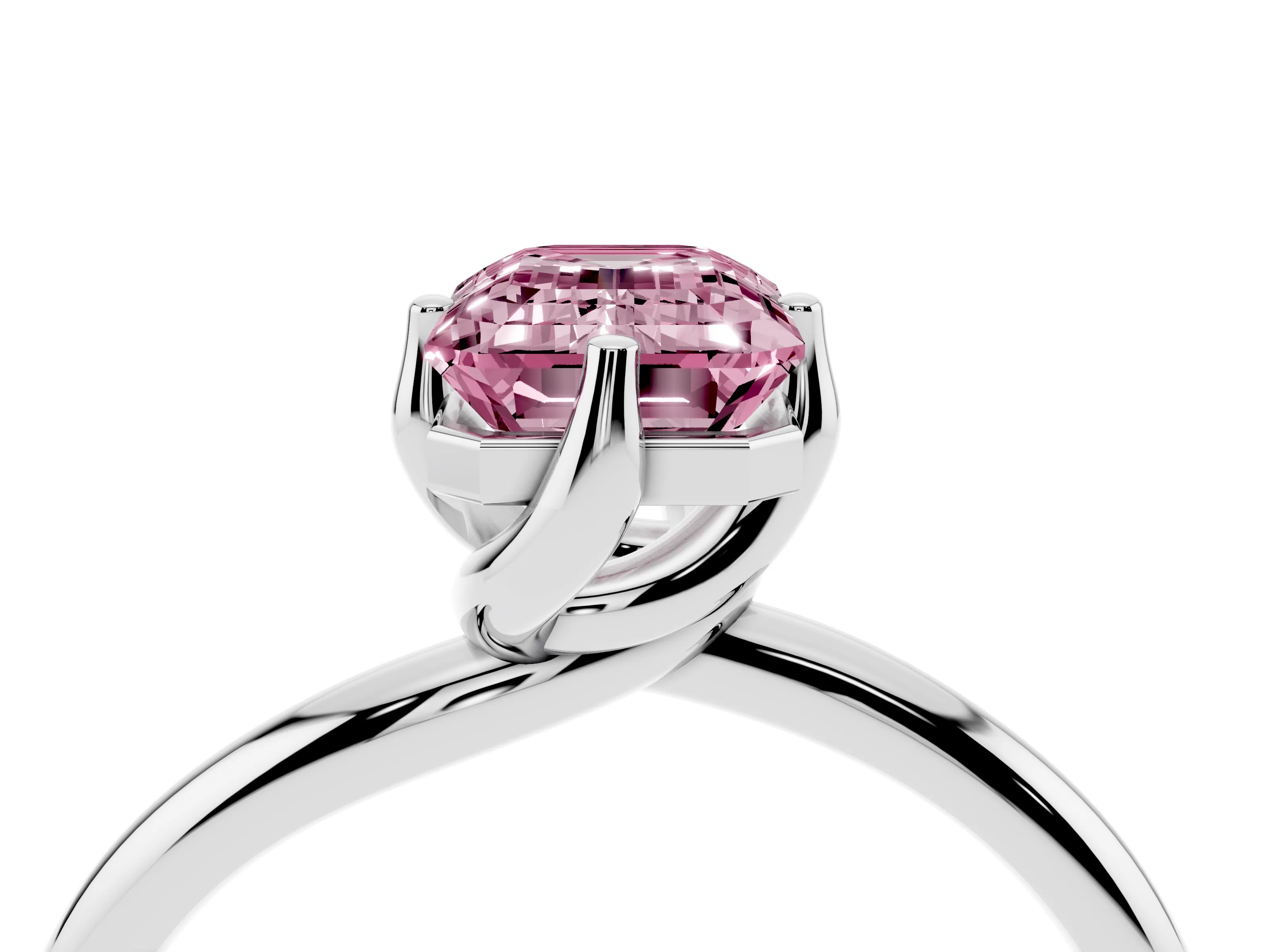 Fancy Pink Emerald Cut Diamond Solitaire Engagement Ring Set in Silver with Classic Plain Band