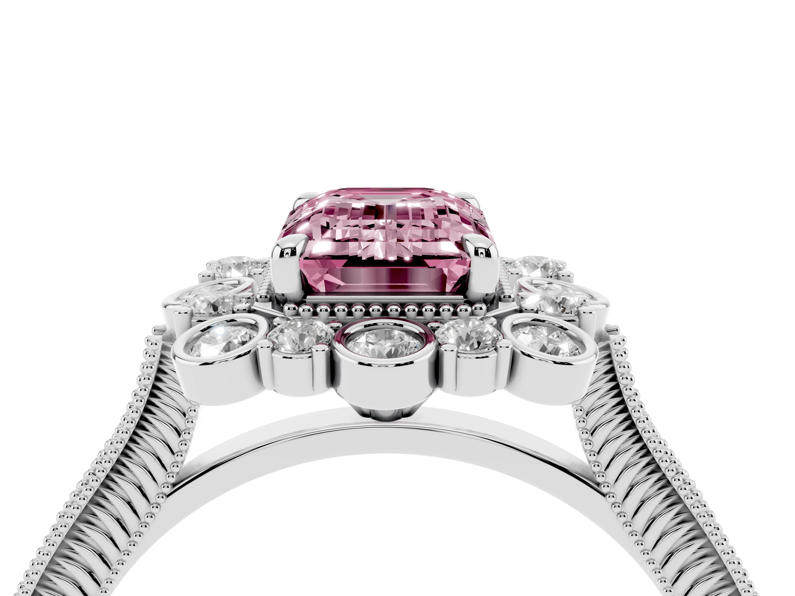 Fancy Pink Emerald Cut Diamond Halo Milgrain Pavé Ring Set in White gold with Prong Setting