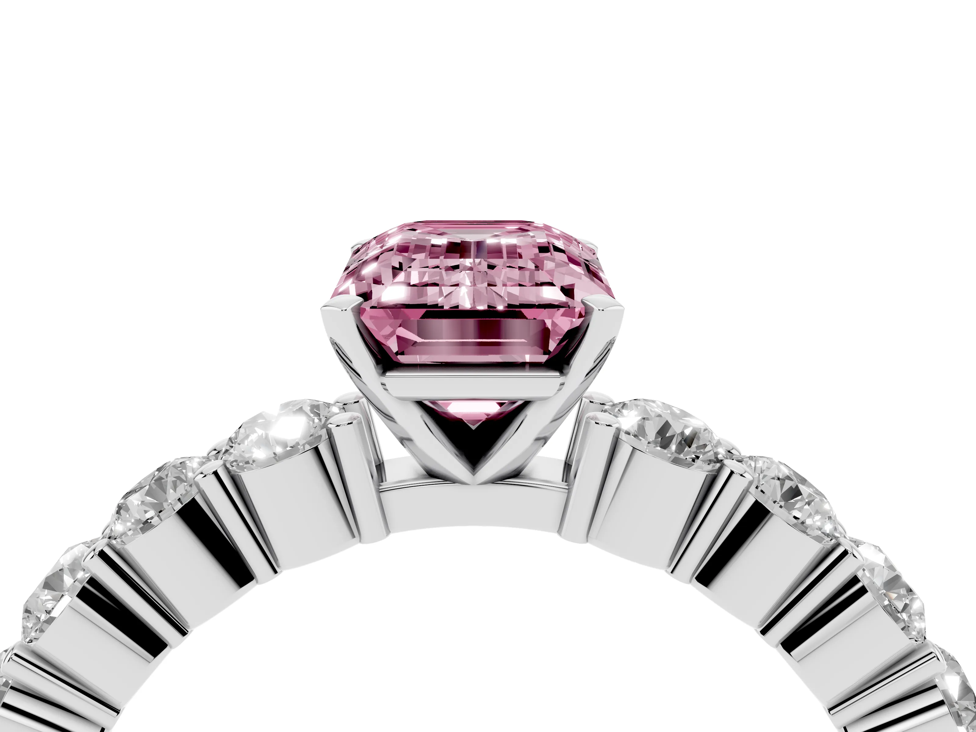 Fancy Pink Emerald Cut Diamond Solitaire Ring Set in Platinum with Shared Prong Round Side Stones