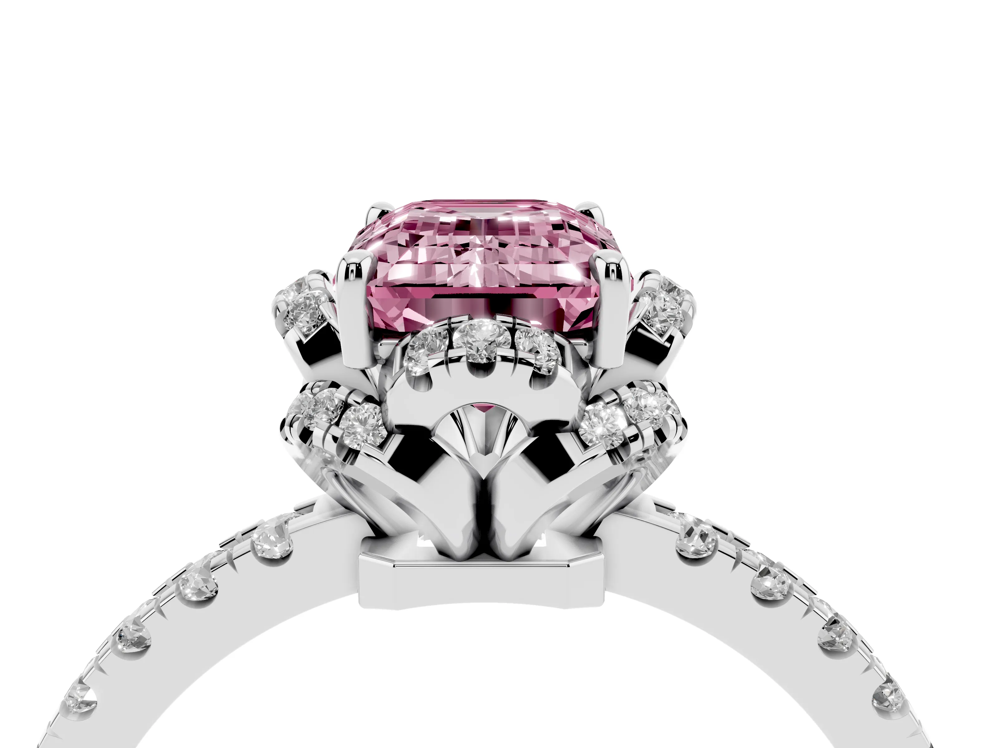 Fancy Pink Emerald Cut Diamond Halo Pavé Band Ring Set in Platinum with Prong-Held Center