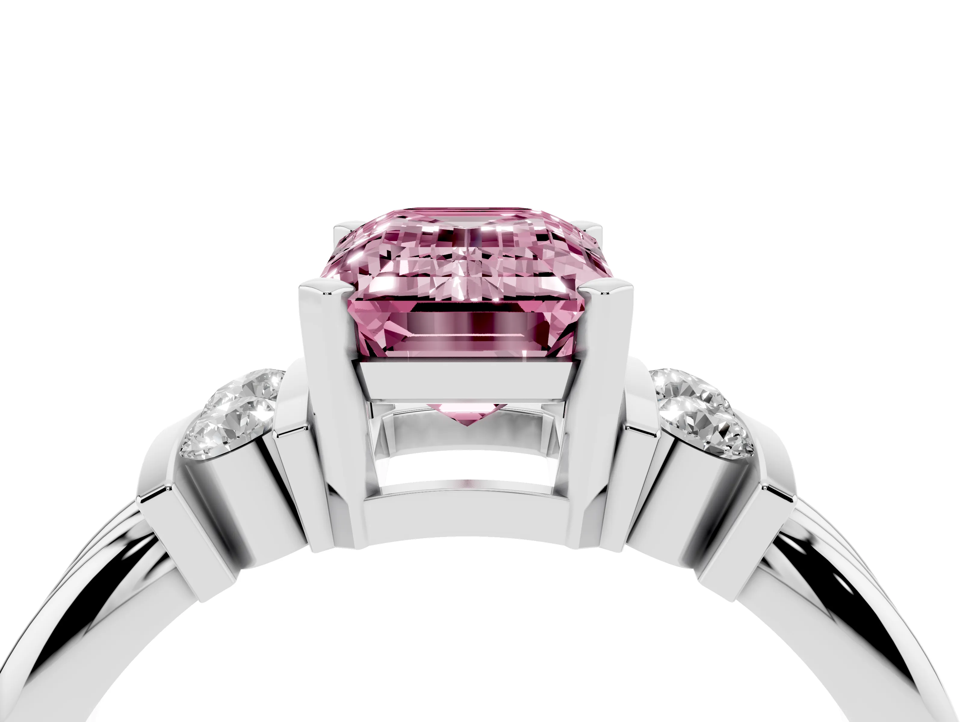 Fancy Pink Three-Stone Emerald Cut Diamond Channel Set Ring Set in White gold with Bar Prongs